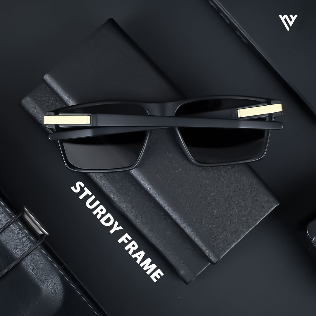 Voyage Exclusive Matt Black & Golden Polarized Rectangle Sunglasses for Men & Women - PMG3969