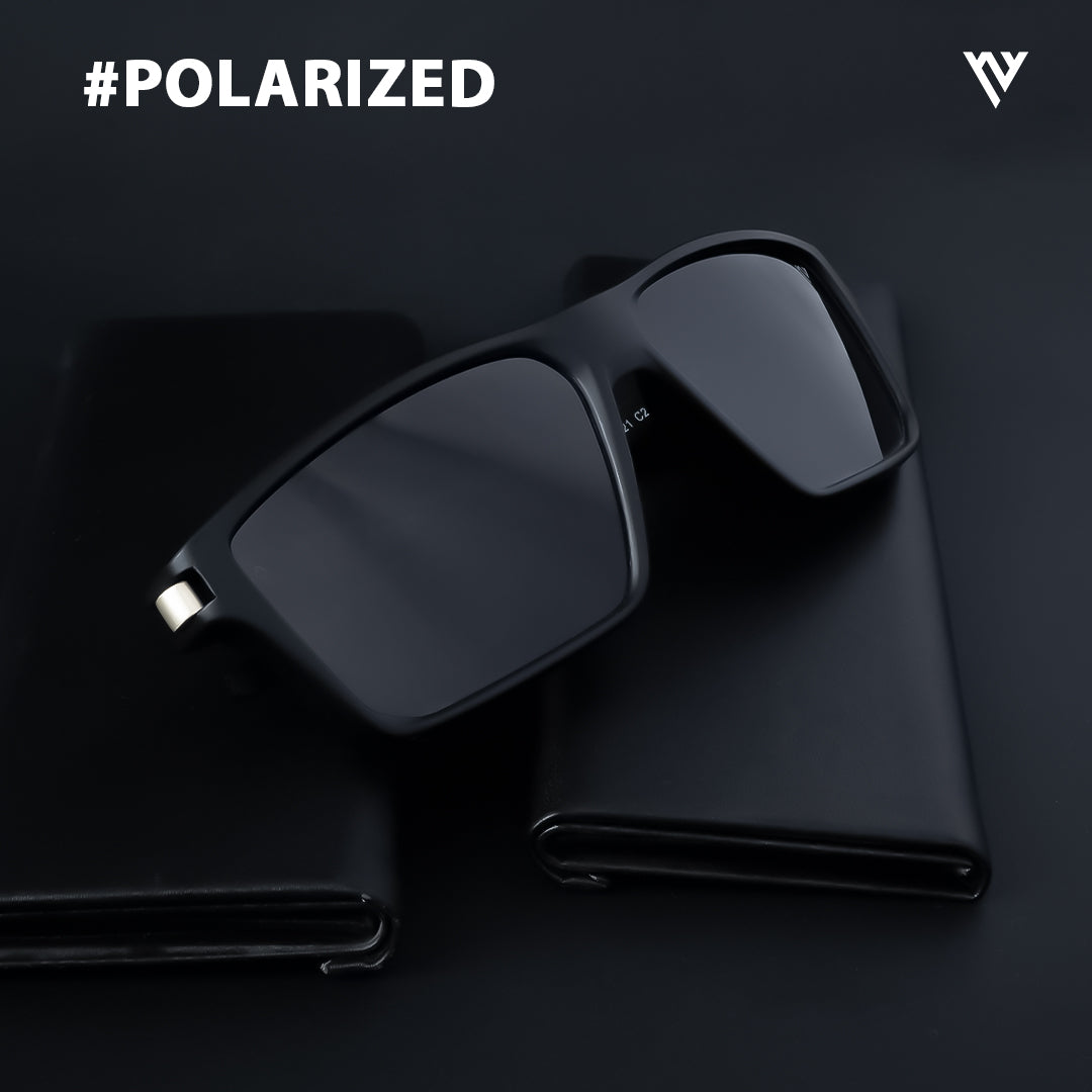 Jaxor | Matte Black & Golden Polarized Rectangle Sunglasses - PMG3969