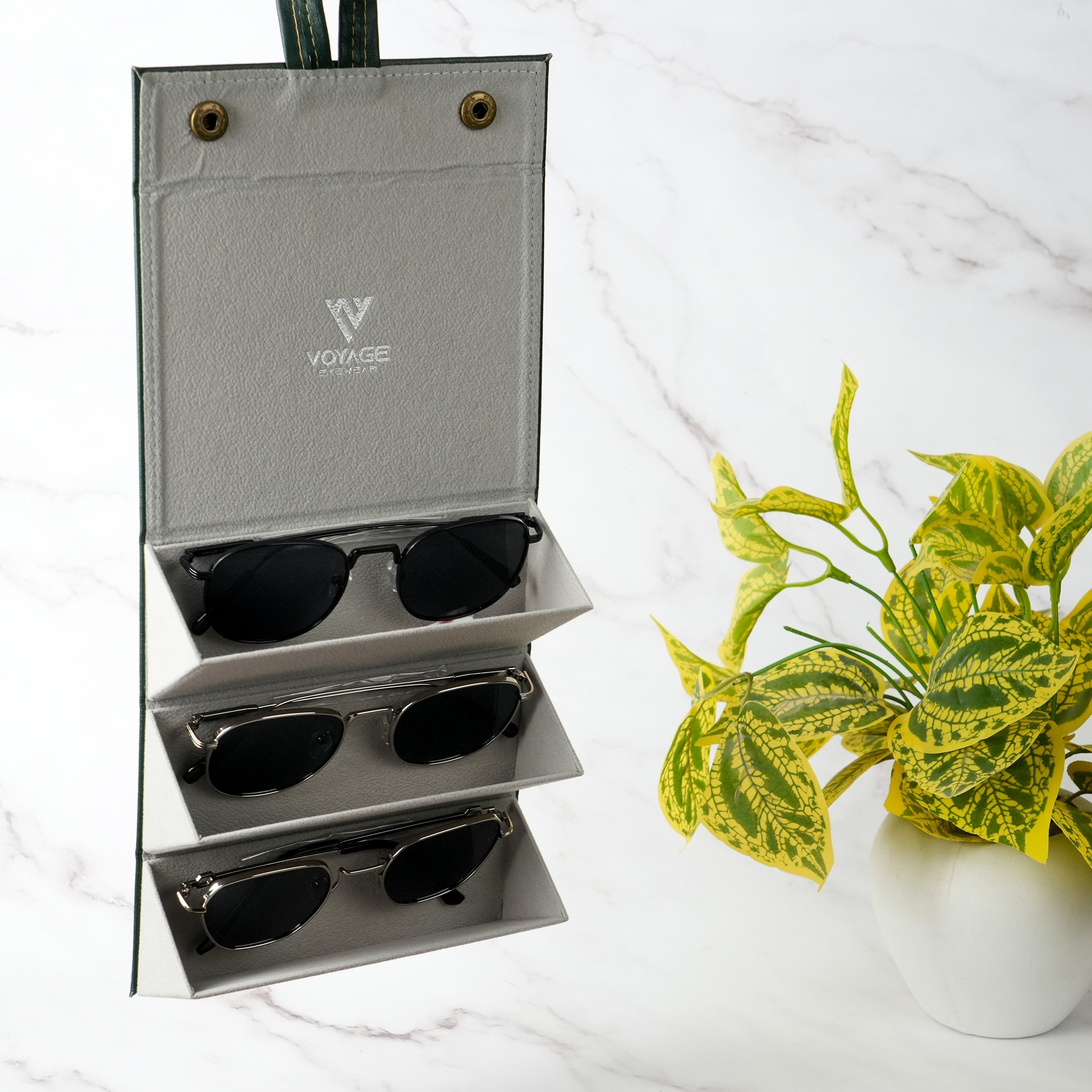 Voyage Green Sunglasses or Eyeglasses 3 Compartment Storage Box