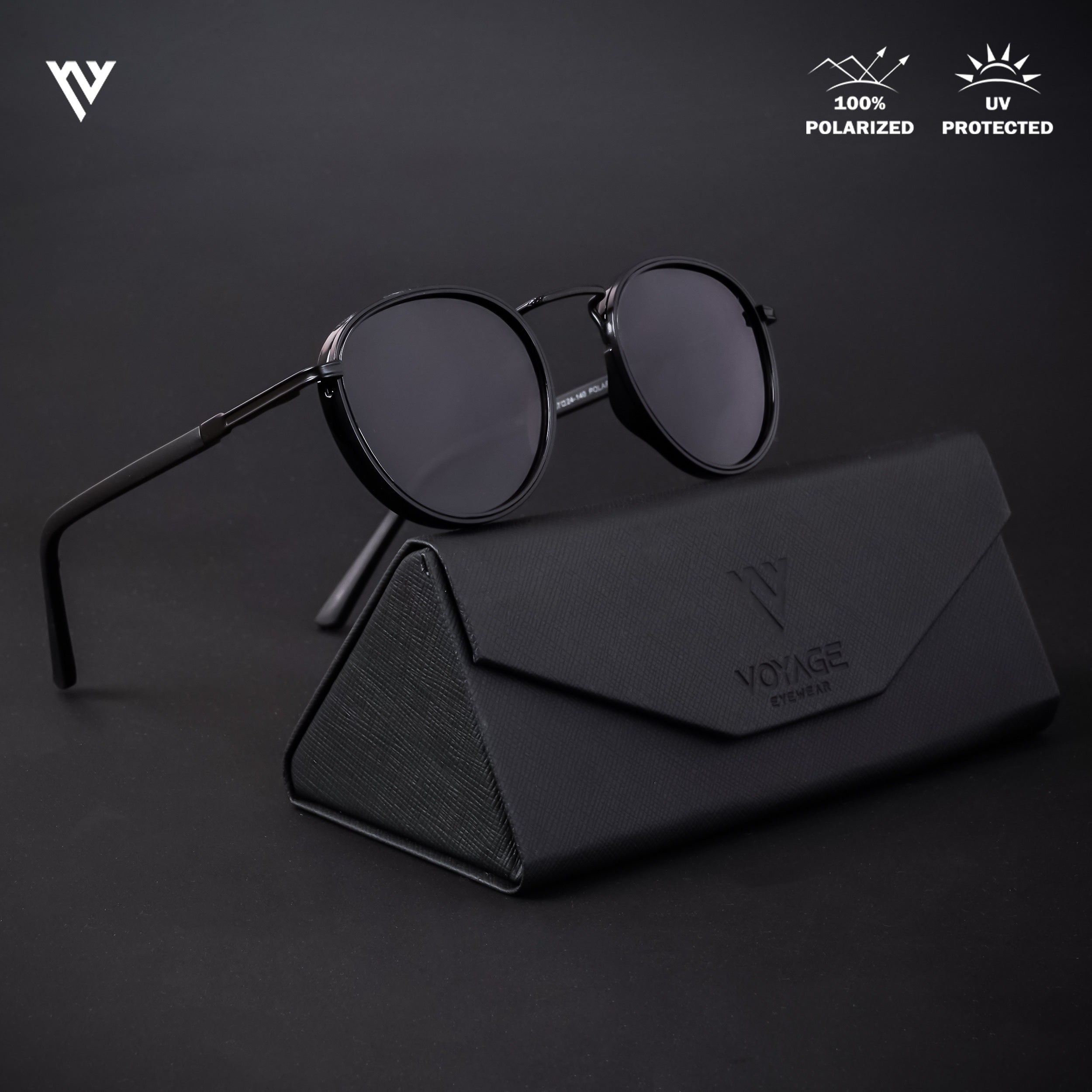 Voyage Exclusive Black Polarized Round Sunglasses for Men & Women - PMG4443