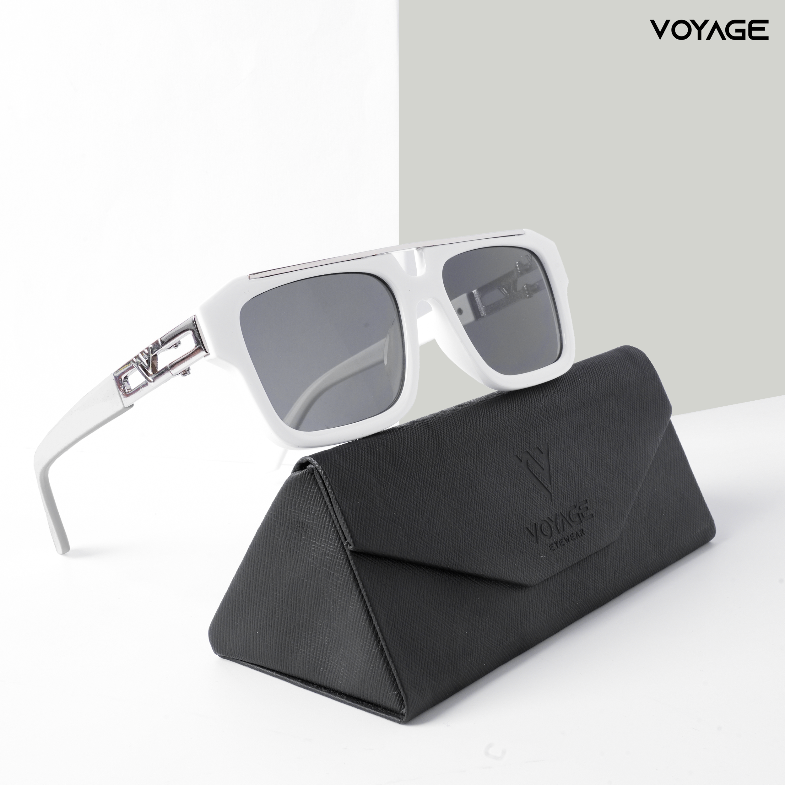 Voyage Exclusive Wayfarer Polarized Sunglasses for Men & Women (Black Lens | White & Silver Frame - MG5387)