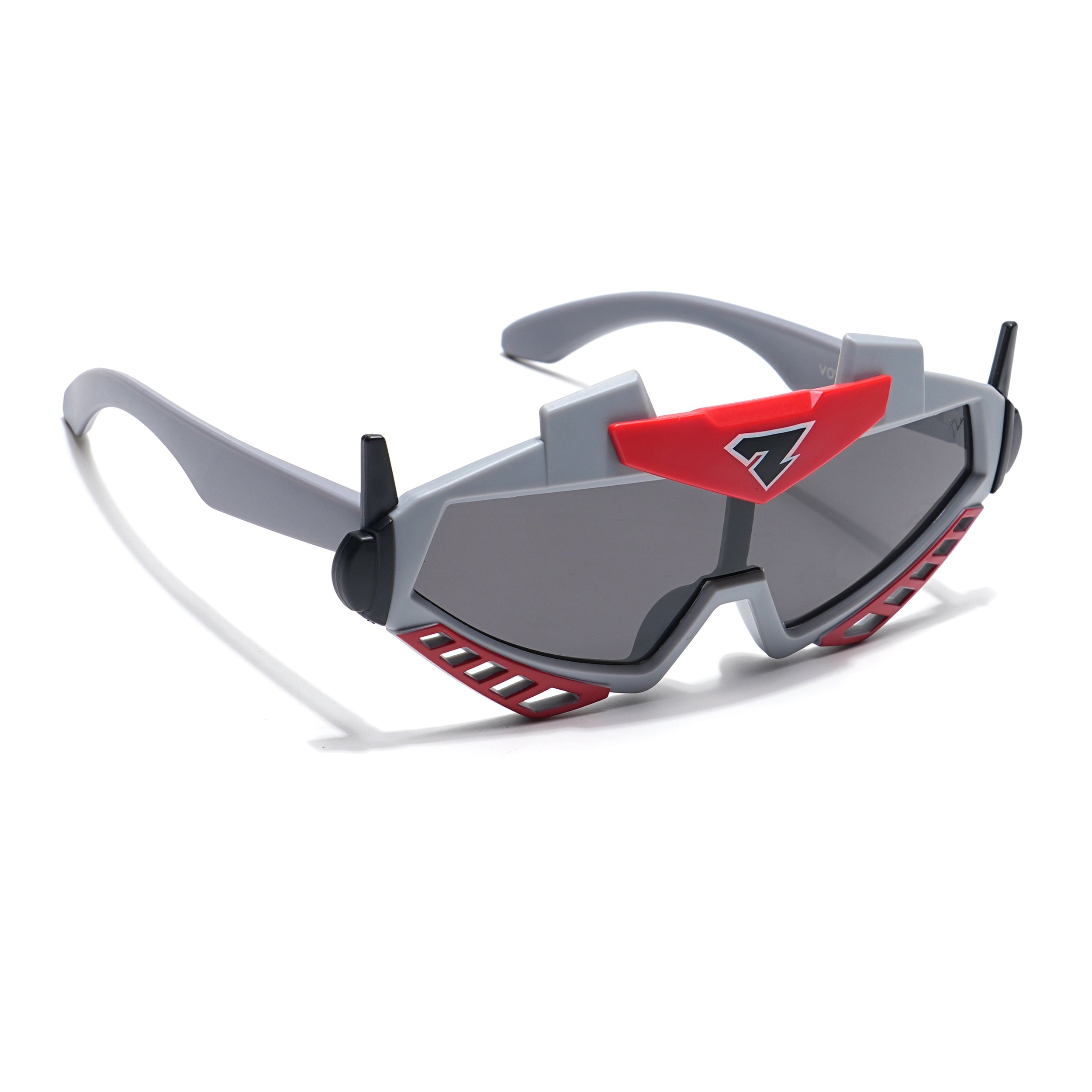 Wrap Around Sunglasses for Kids -6 yrs To 12 yrs (Black Lens | Grey & Red Frame - PMG6081)