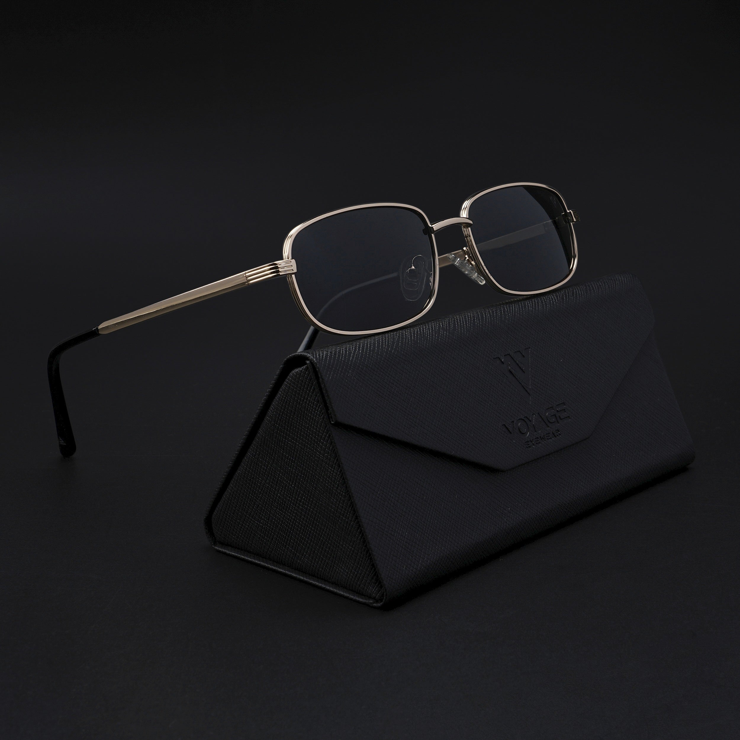Vesper |  Golden Polarized Rectangle Sunglasses (Black Lens - PMG5846)