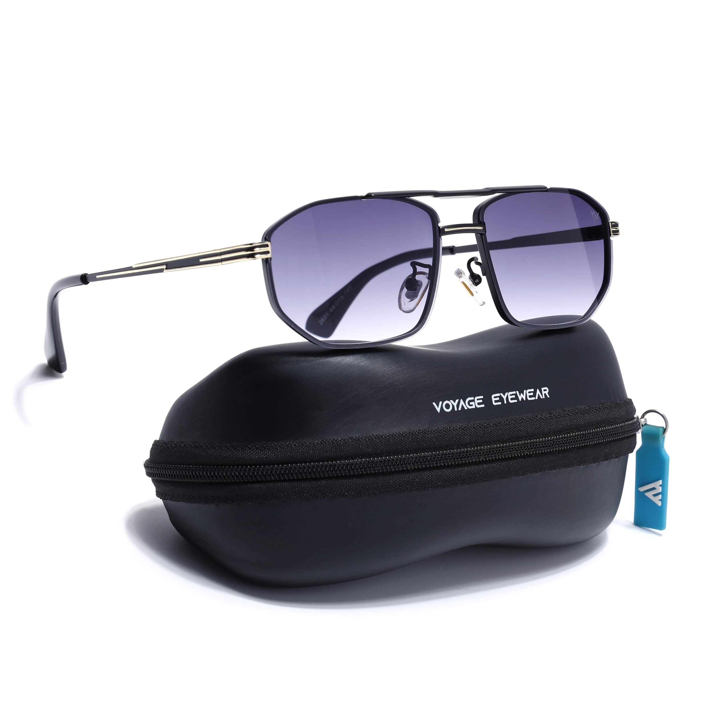 Rectangle Sunglasses for Men & Women (Grey & Clear Lens | Golden & Black Frame - MG7534)