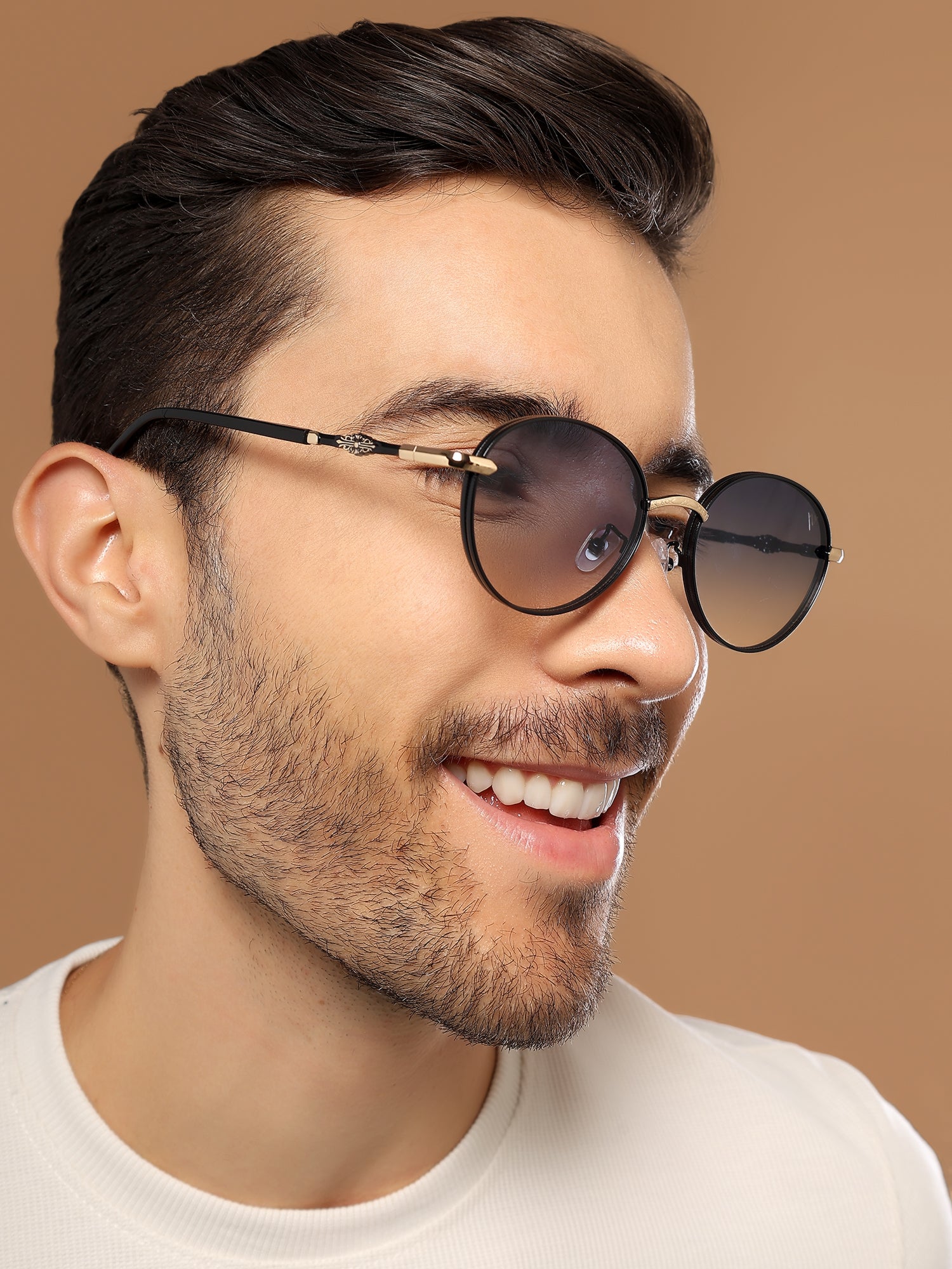 Shadow | Black & Gloden Round Sunglasses | Blue & Clear Lens - MG6729