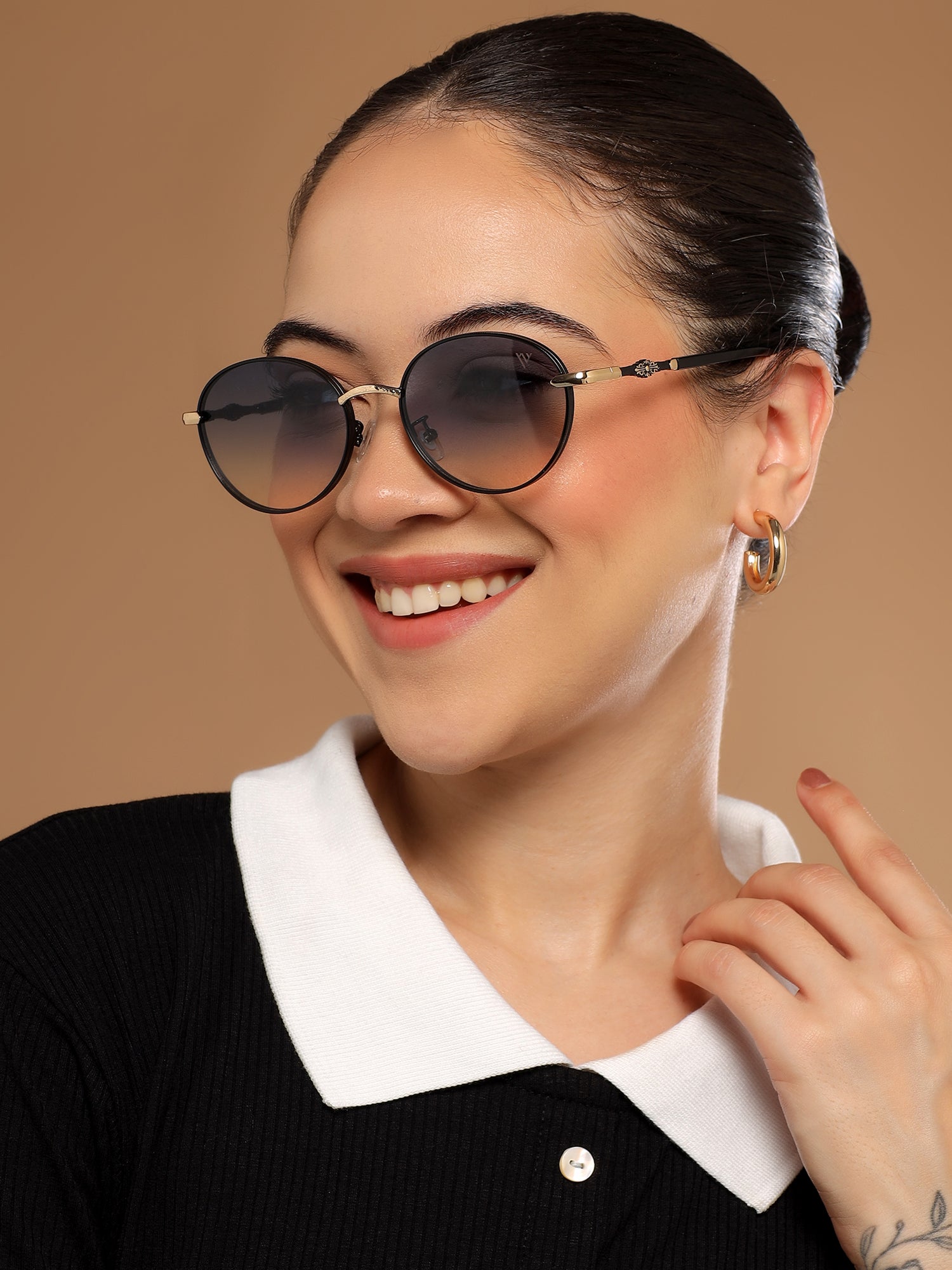 Shadow | Black & Gloden Round Sunglasses | Blue & Clear Lens - MG6729