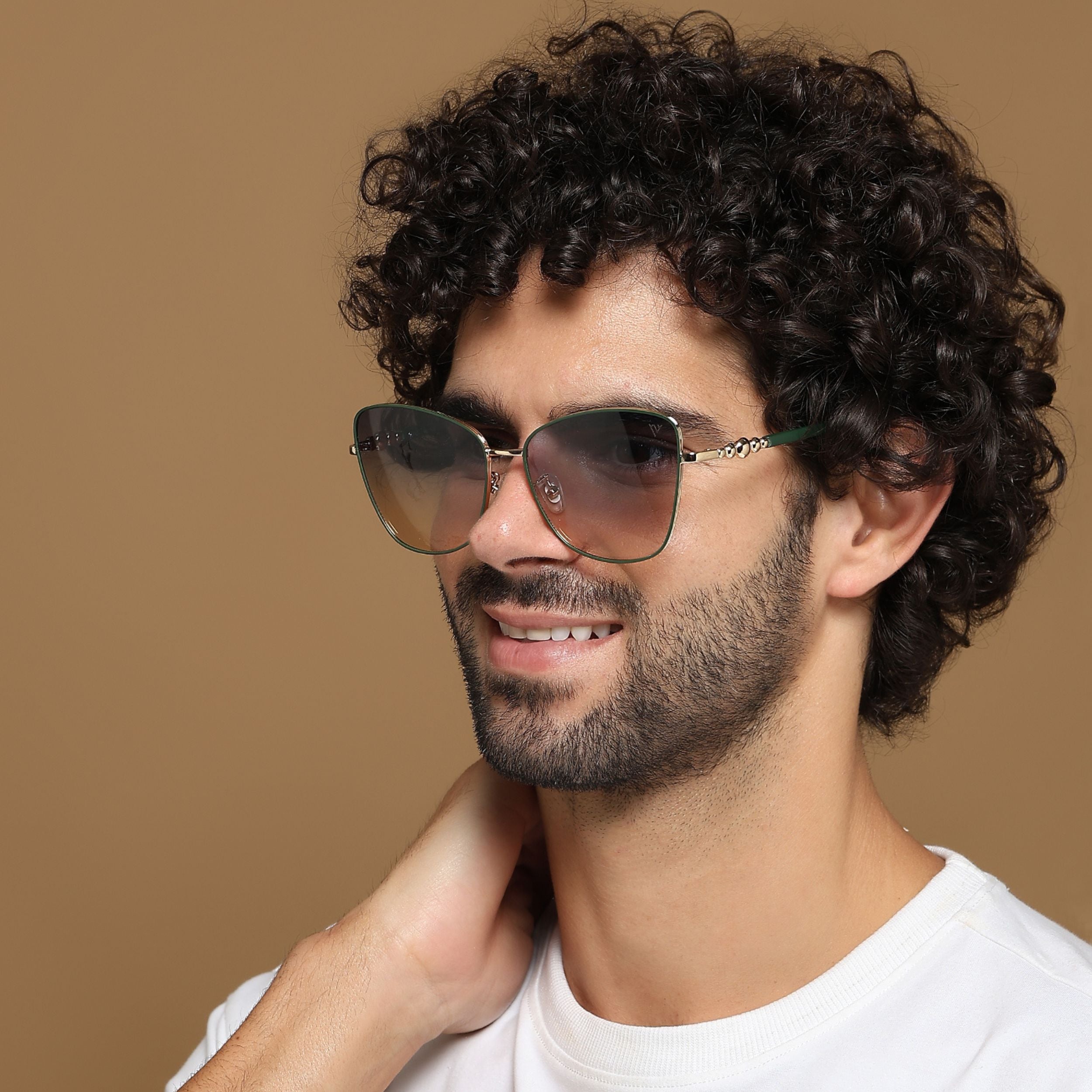 Cateye Sunglasses (Blue & Brown Lens | Golden & Green Frame - MG6000)