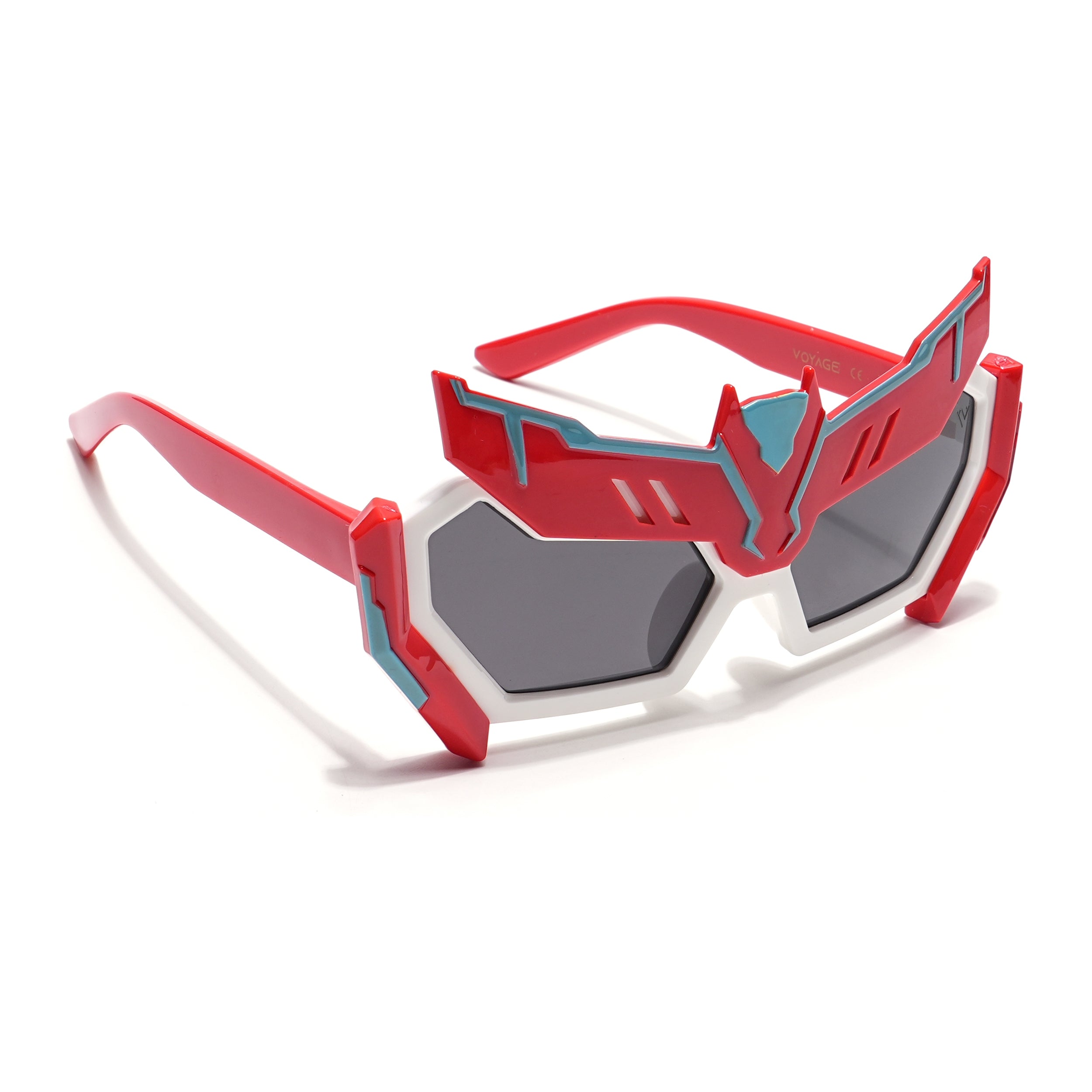 Rectangle Sunglasses for Kids -6 yrs To 12 yrs (Black Lens | Red & White Frame - PMG6078)