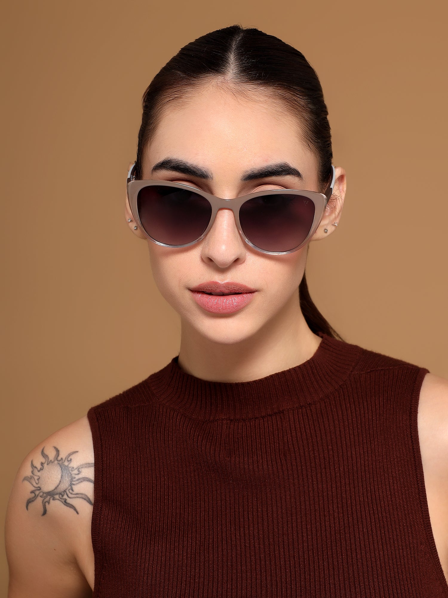 Cateye Sunglasses for Women (Grey & Clear Lens | Light Brown Frame - MG7168)