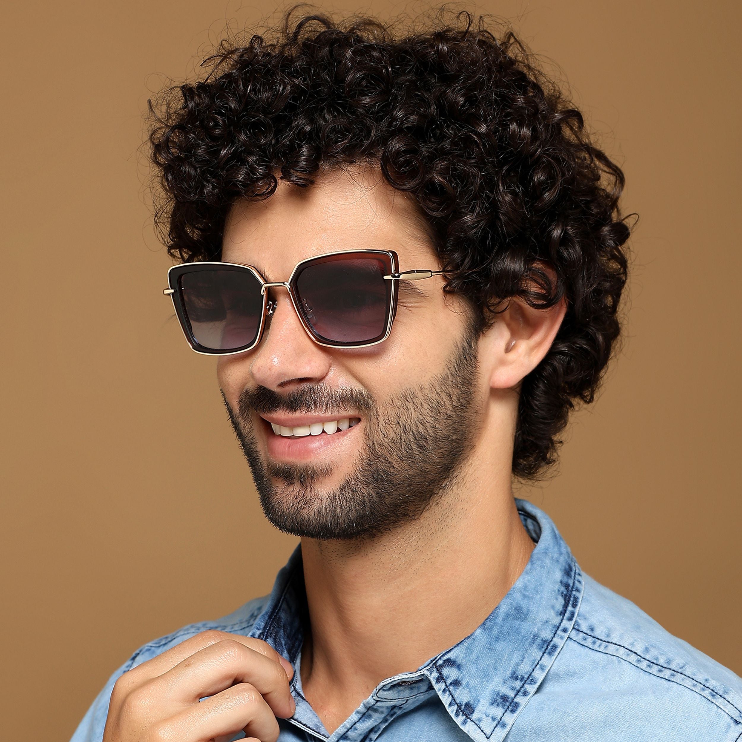 Cateye Sunglasses (Brown & Clear Lens | Golden & Brown Frame - MG6016)