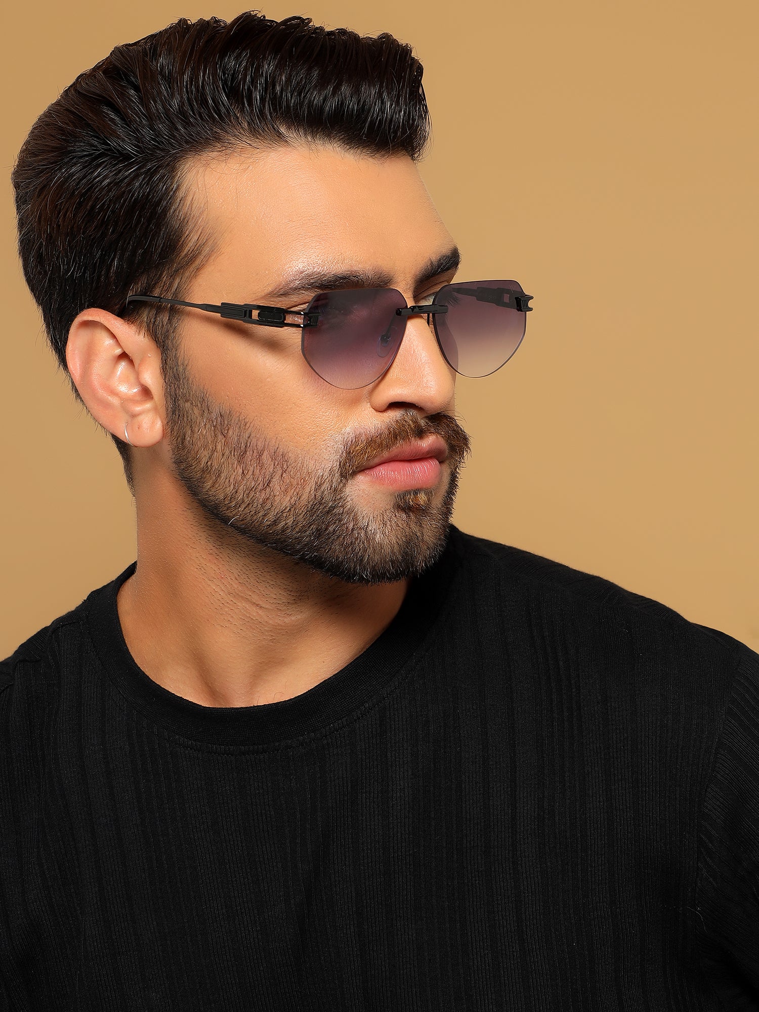 Rimless Sunglasses for Men & Women (Grey & Clear Lens | Black Frame - MG7312)