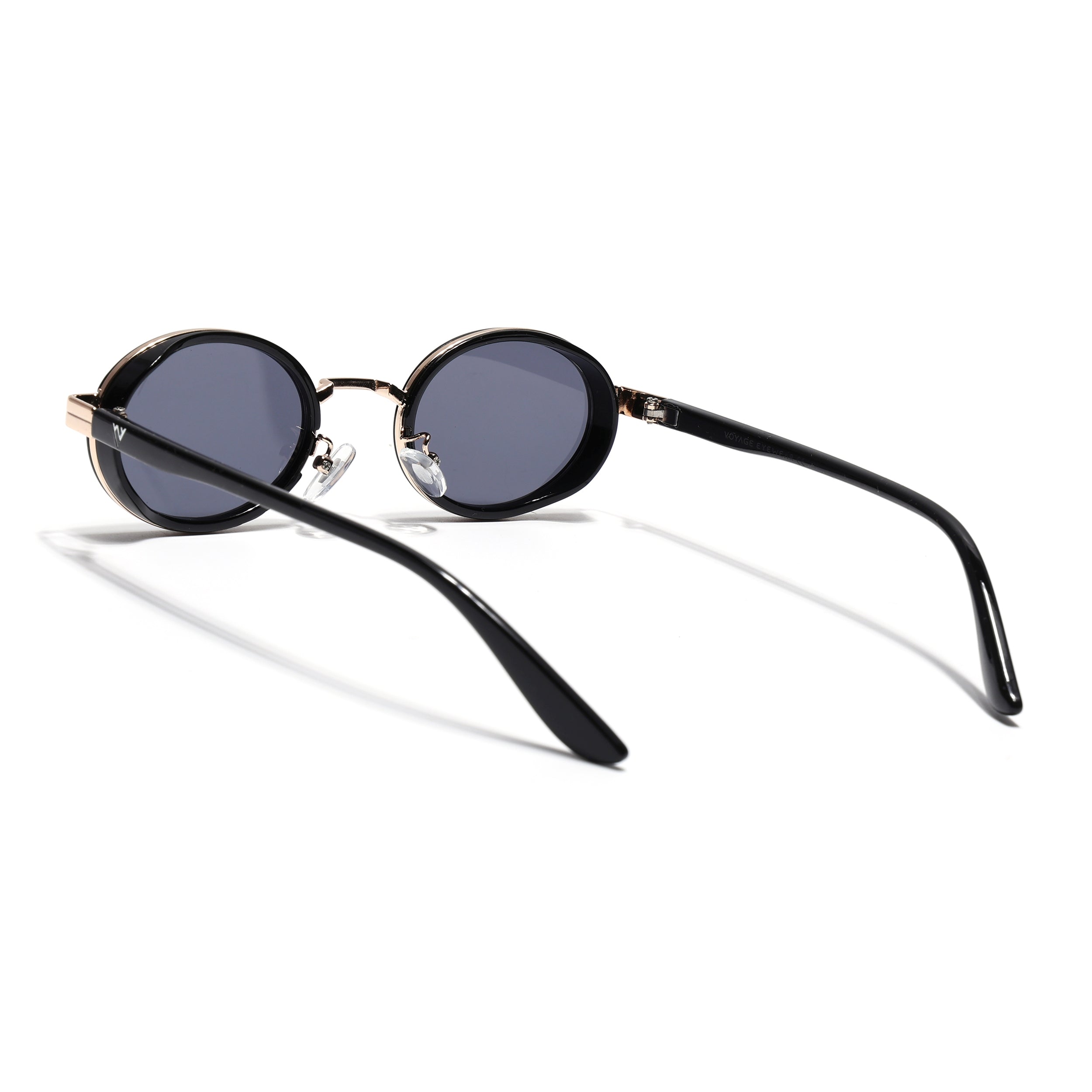 Ovel Sunglasses for Men & Women (Grey Lens | Golden & Black Frame - MG7349)