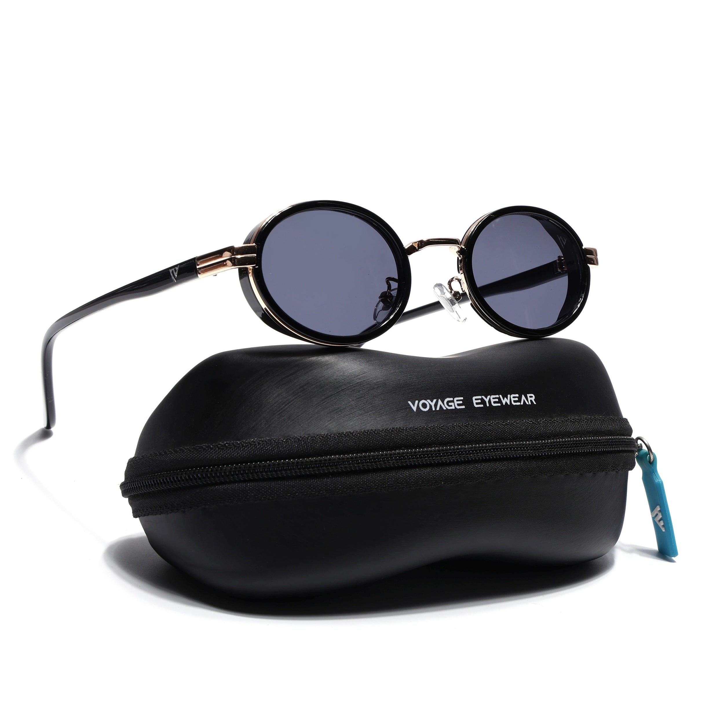Ovel Sunglasses for Men & Women (Grey Lens | Golden & Black Frame - MG7349)