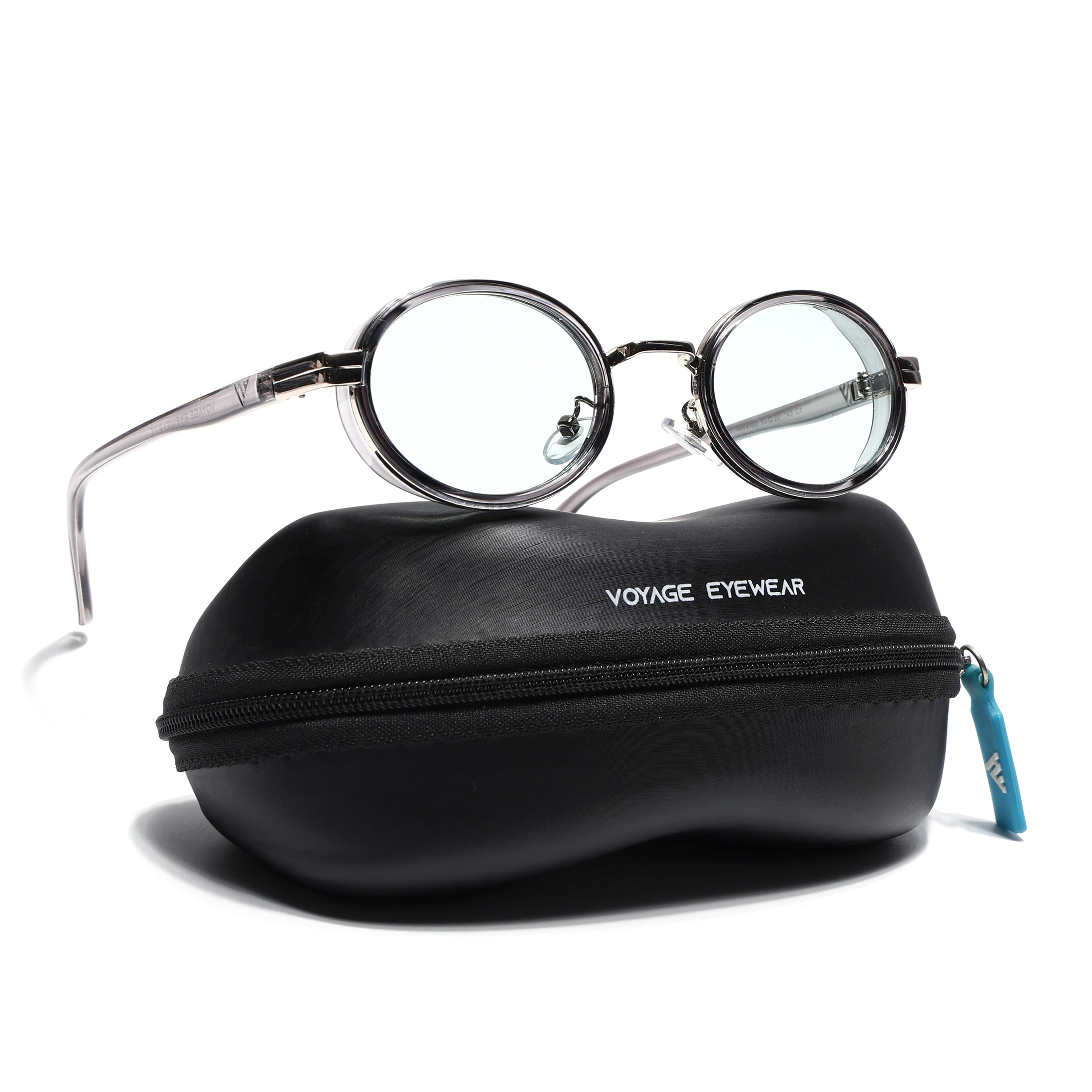 Ovel Sunglasses for Men & Women (Clear Lens | Silver & Transparent Grey Frame - MG7351)