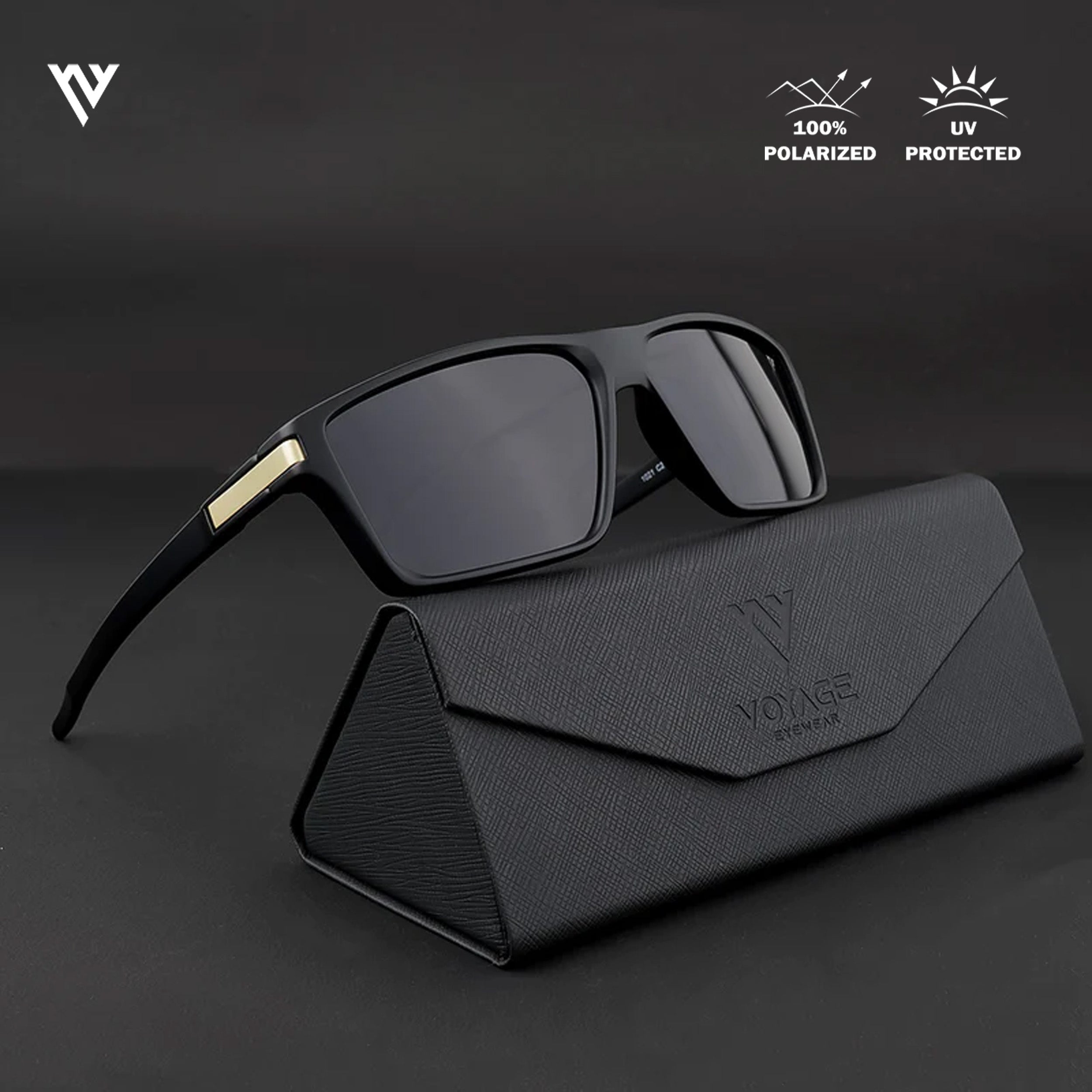 Voyage Exclusive Matt Black & Golden Polarized Rectangle Sunglasses for Men & Women - PMG3969