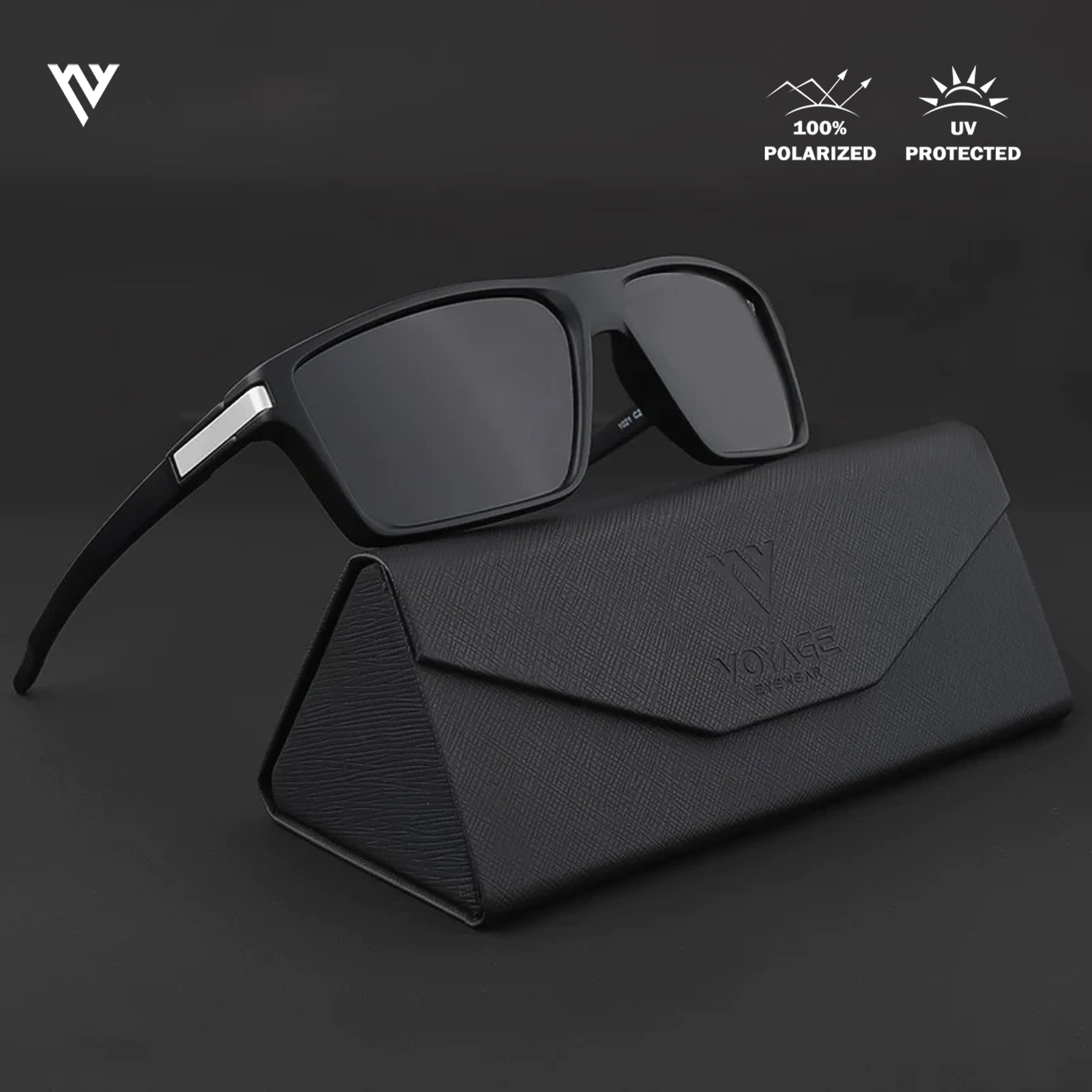 Voyage Exclusive Shine Black & Silver Polarized Rectangle Sunglasses for Men & Women - PMG3968