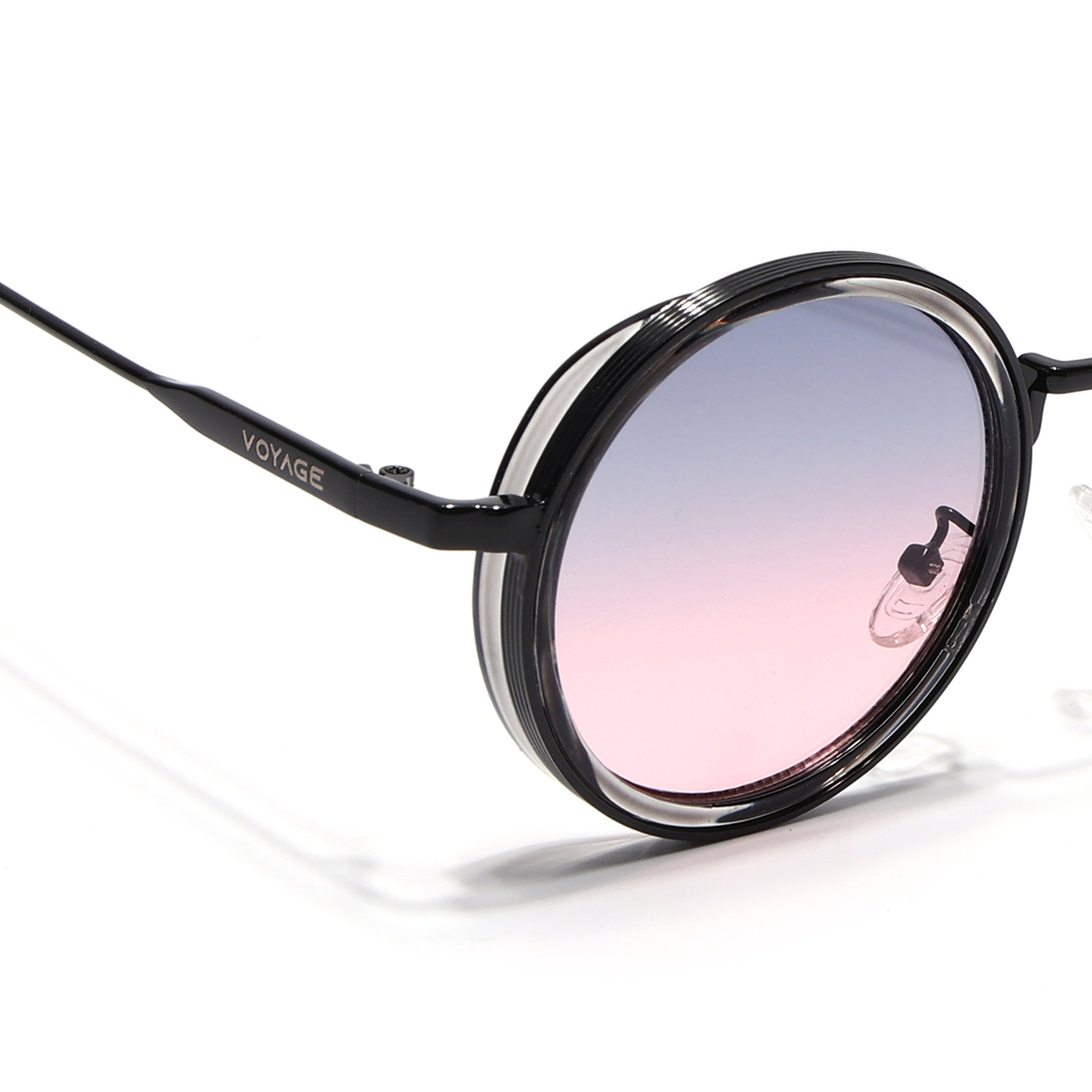 Round Sunglasses for Men & Women (Grey & Pink Lens | Black & Transparent Frame - MG7117)