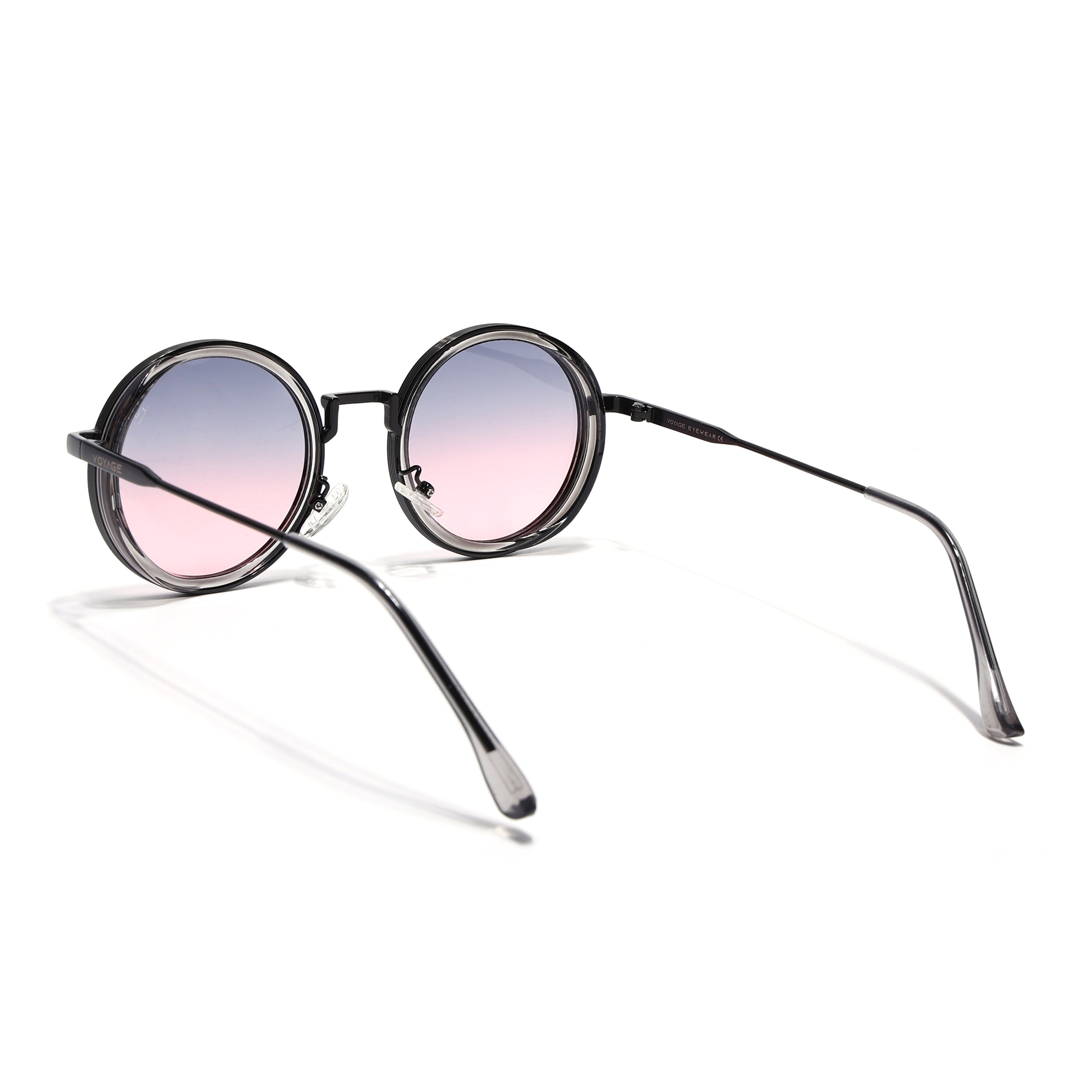 Round Sunglasses for Men & Women (Grey & Pink Lens | Black & Transparent Frame - MG7117)