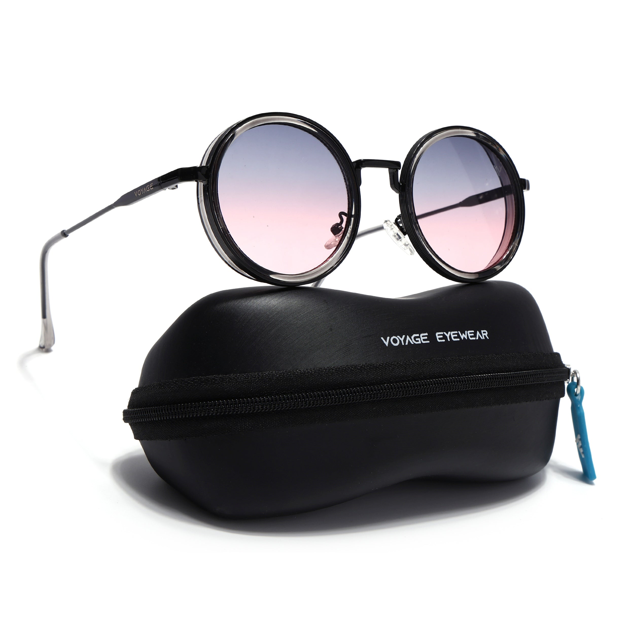 Round Sunglasses for Men & Women (Grey & Pink Lens | Black & Transparent Frame - MG7117)