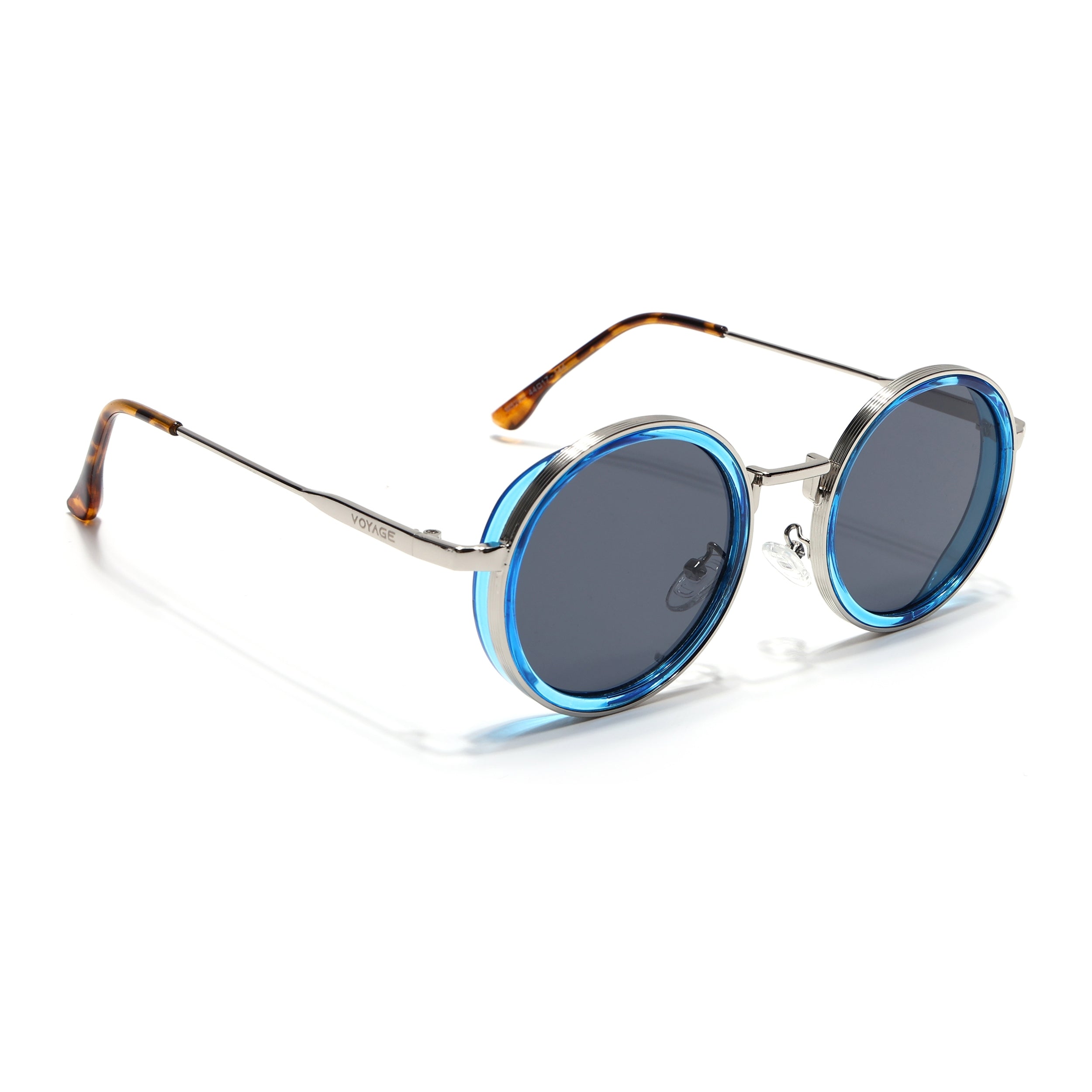 Round Sunglasses for Men & Women (Black Lens | Golden & Blue Frame - MG7118)