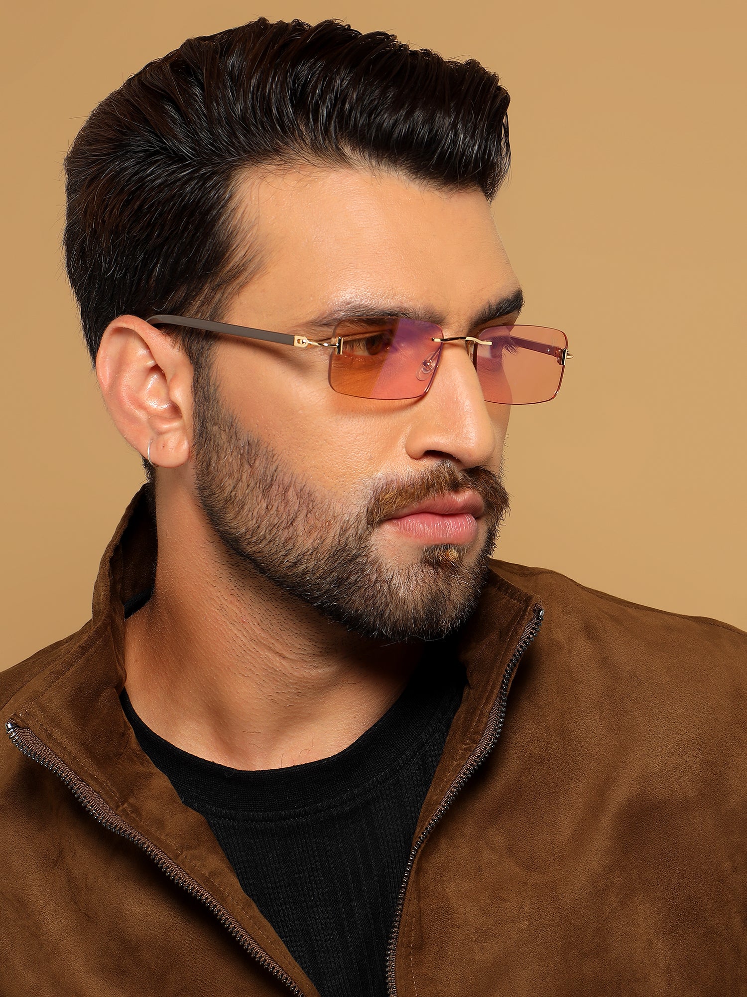 Rimless Sunglasses for Men & Women (Light Pink Lens | Golden Frame - MG7384)