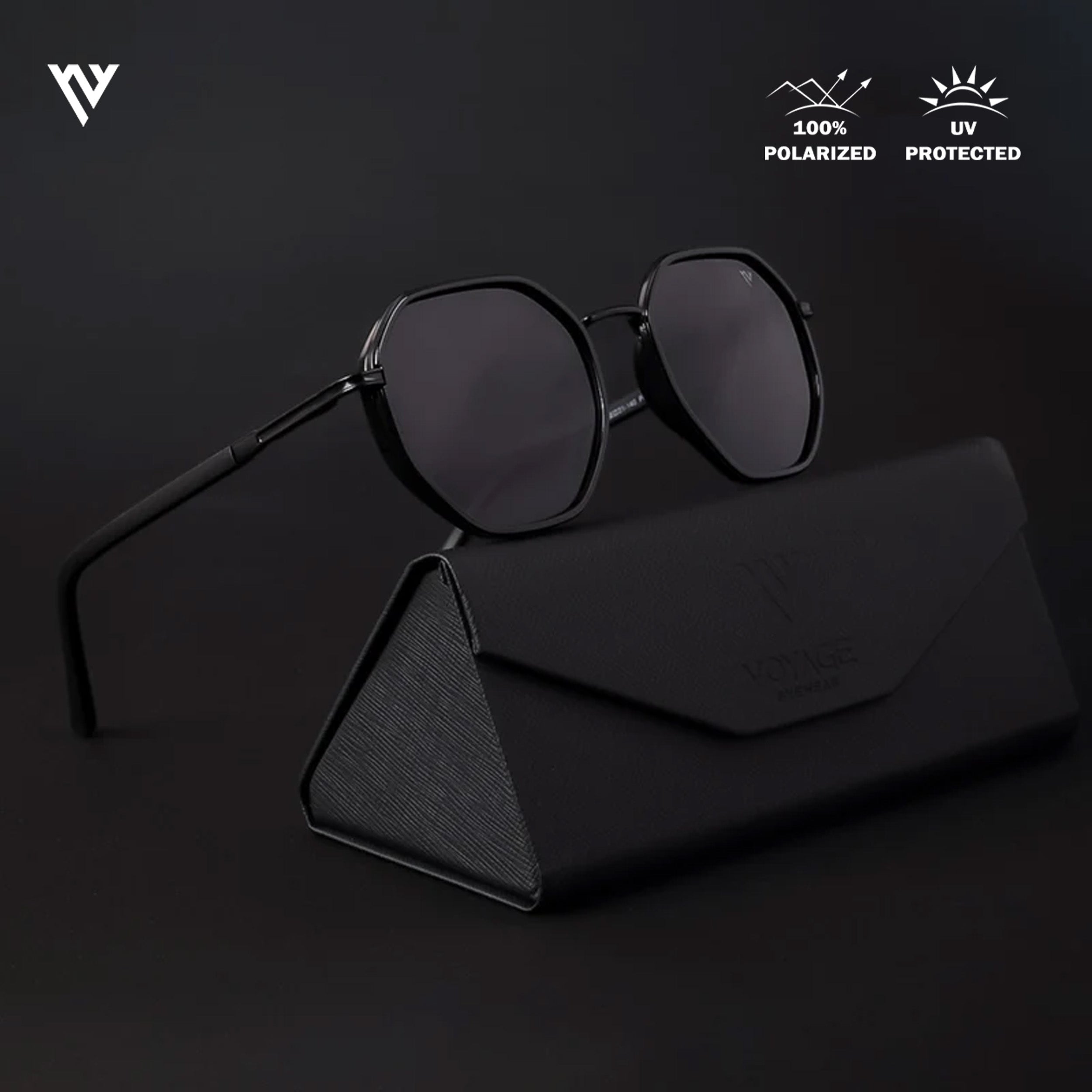 Voyage Exclusive Black Polarized Geometric Sunglasses for Men & Women - PMG4205