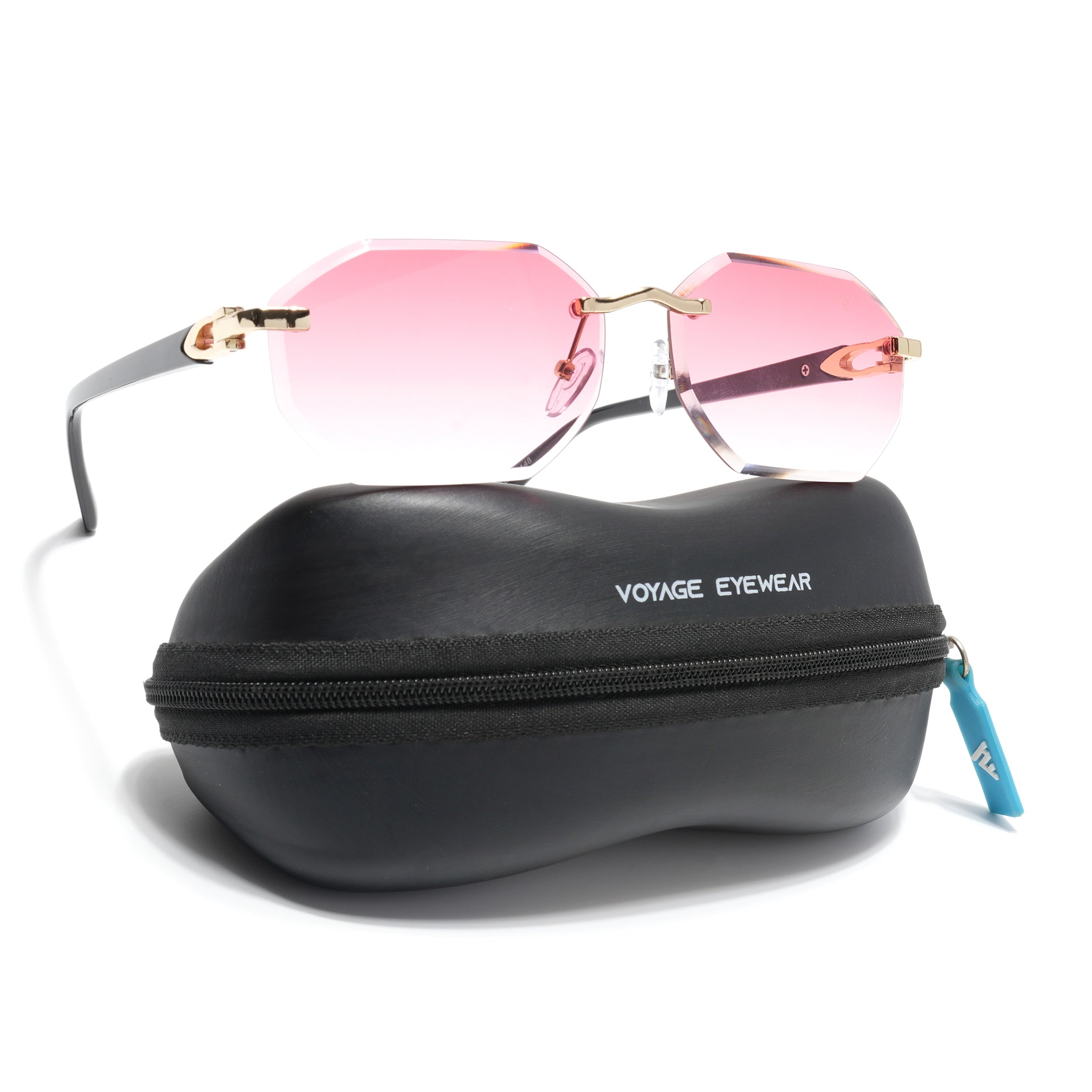 Rimless Sunglasses for Men & Women (Pink & Clear Lens | Golden Frame - MG7048)