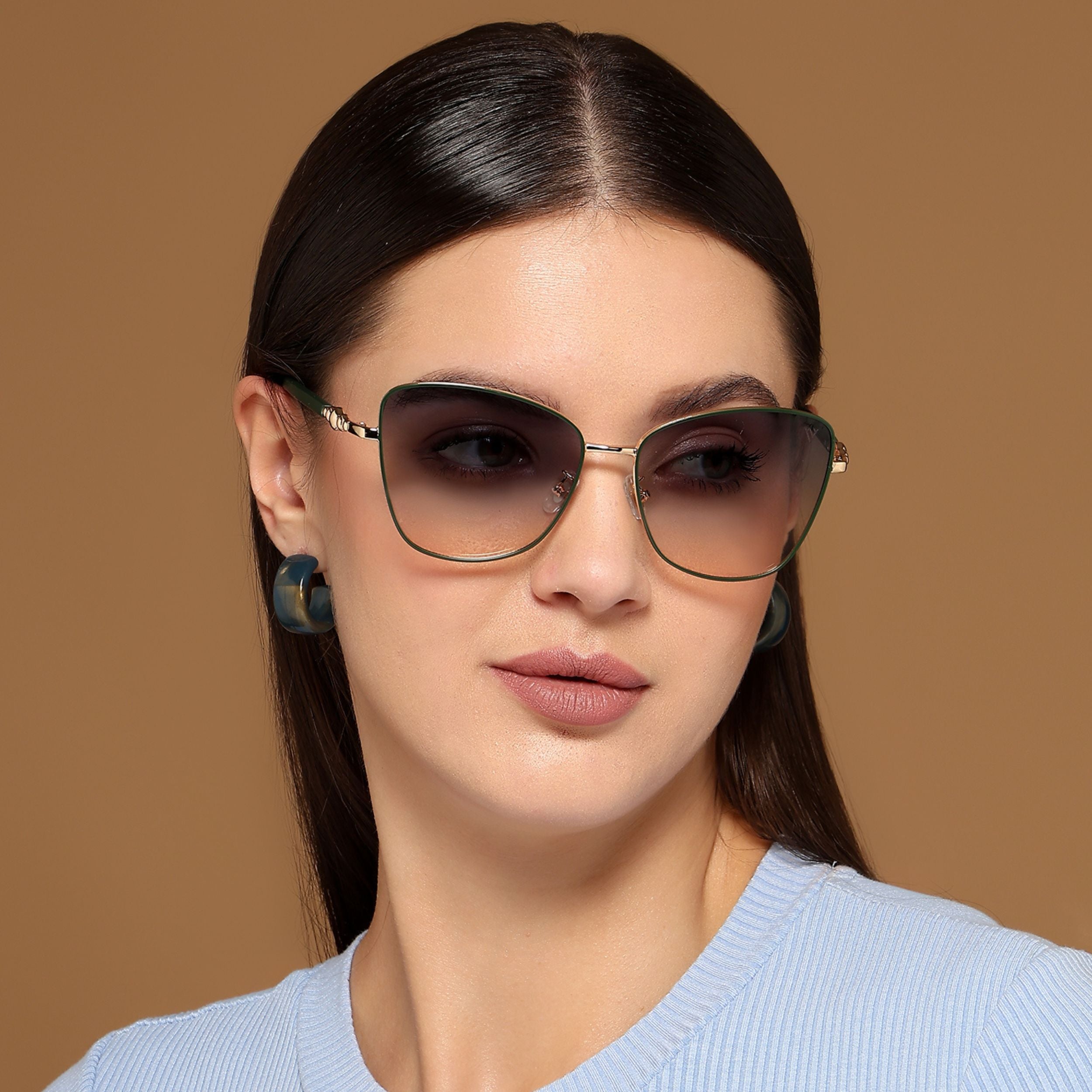 Cateye Sunglasses (Blue & Brown Lens | Golden & Green Frame - MG6000)