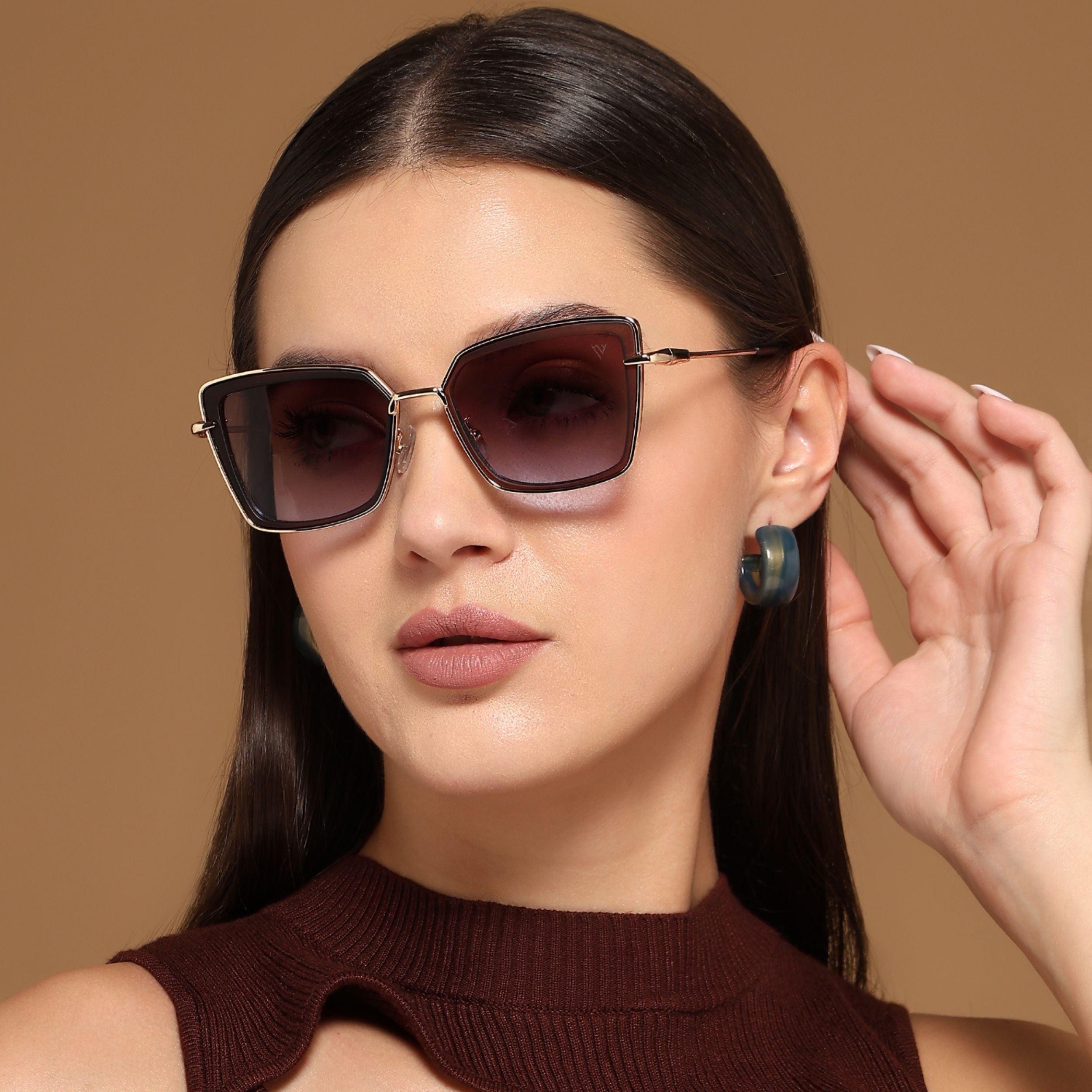 Cateye Sunglasses (Brown & Clear Lens | Golden & Brown Frame - MG6016)