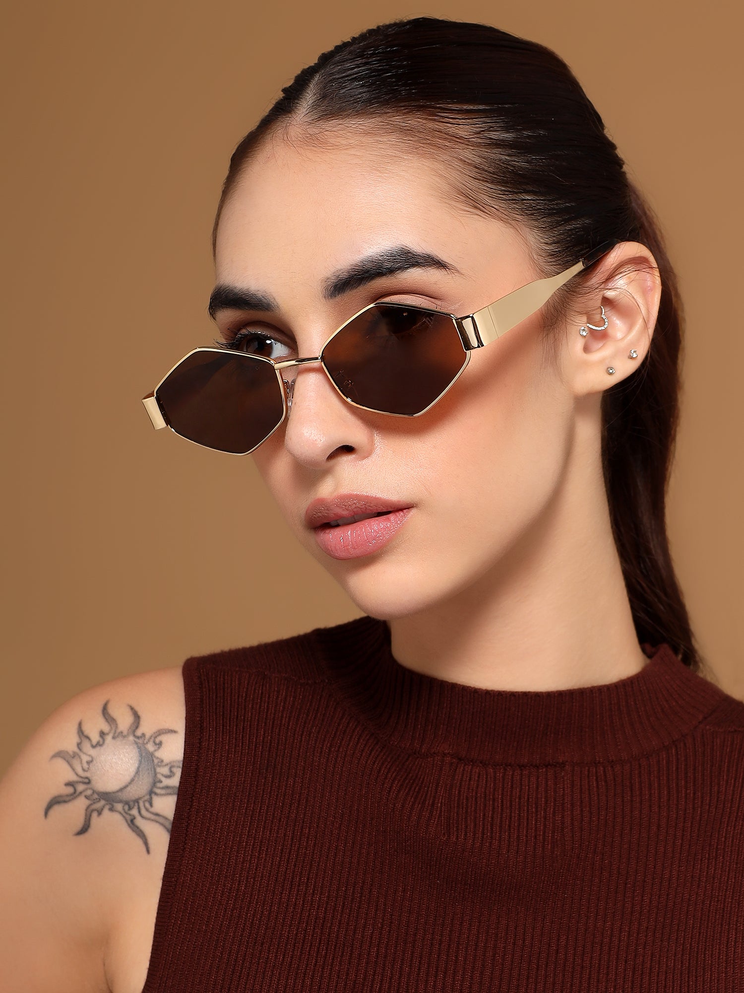 Voyage Hexagon Sunglasses for Men & Women (Brown Lens | Golden Frame - MG7394)