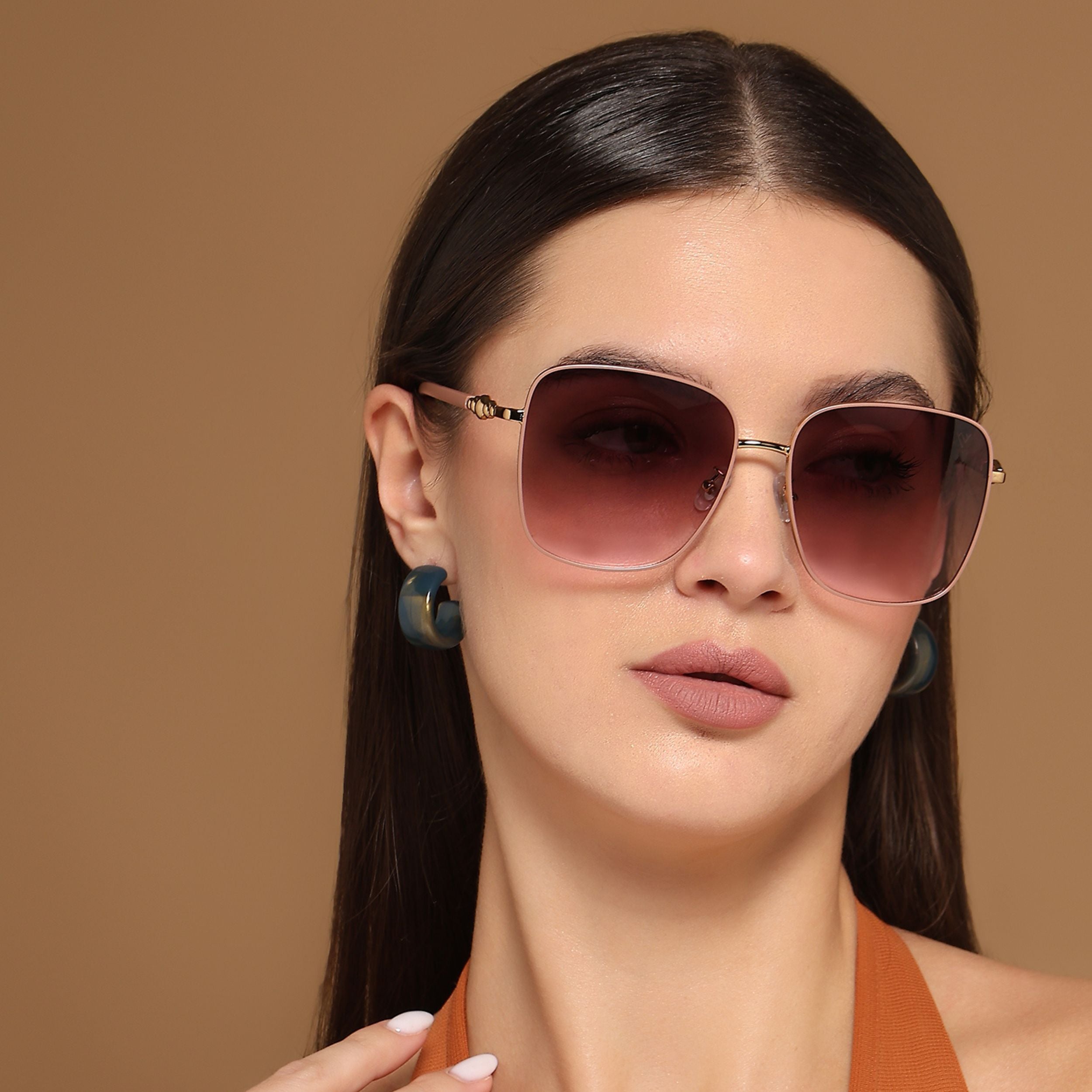 Square Sunglasses (Brown & Pink Lens | Golden & Nude Frame - MG6005)