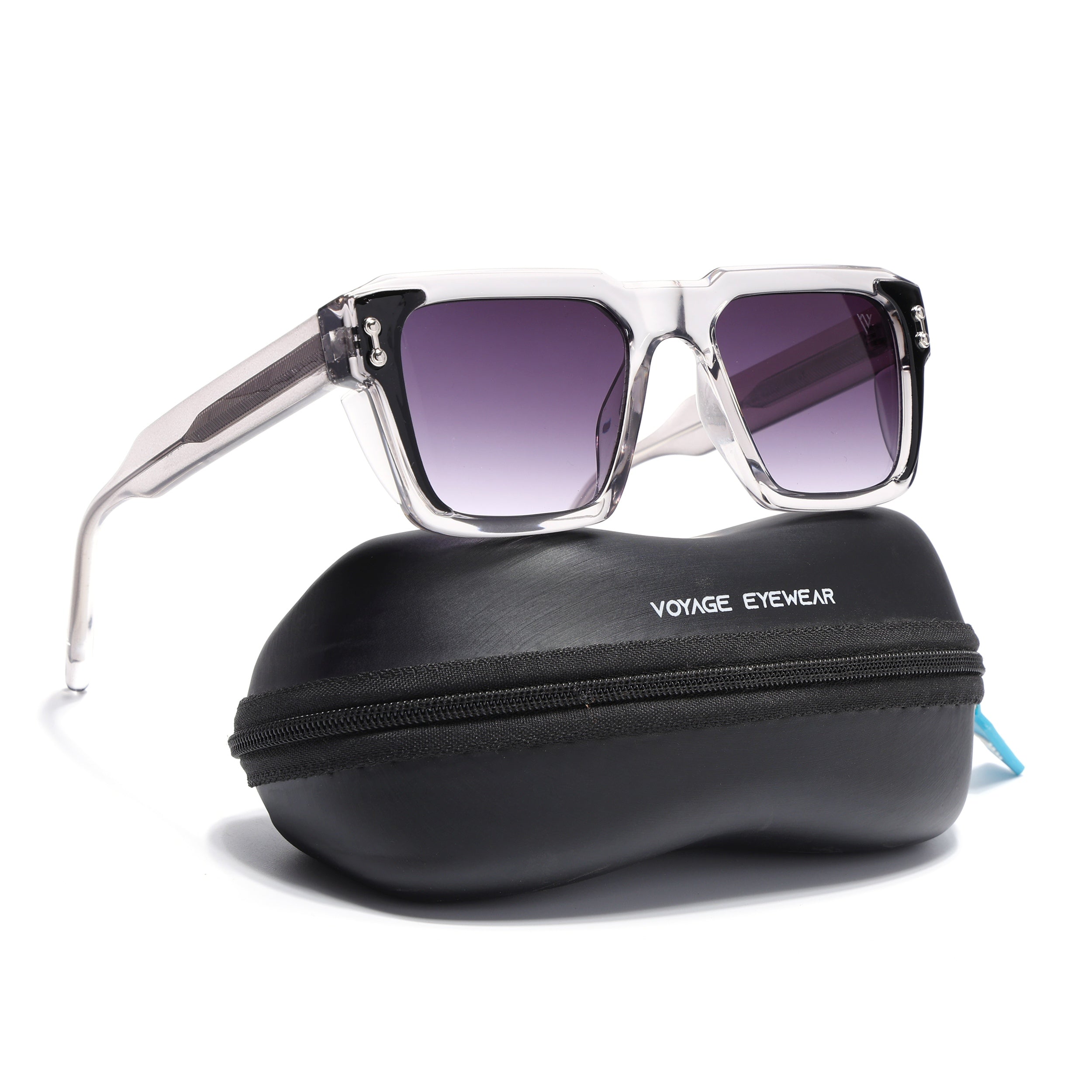 Square Sunglasses for Men & Women (Grey & Clear Lens | Transparent Frame - SLMG7240)