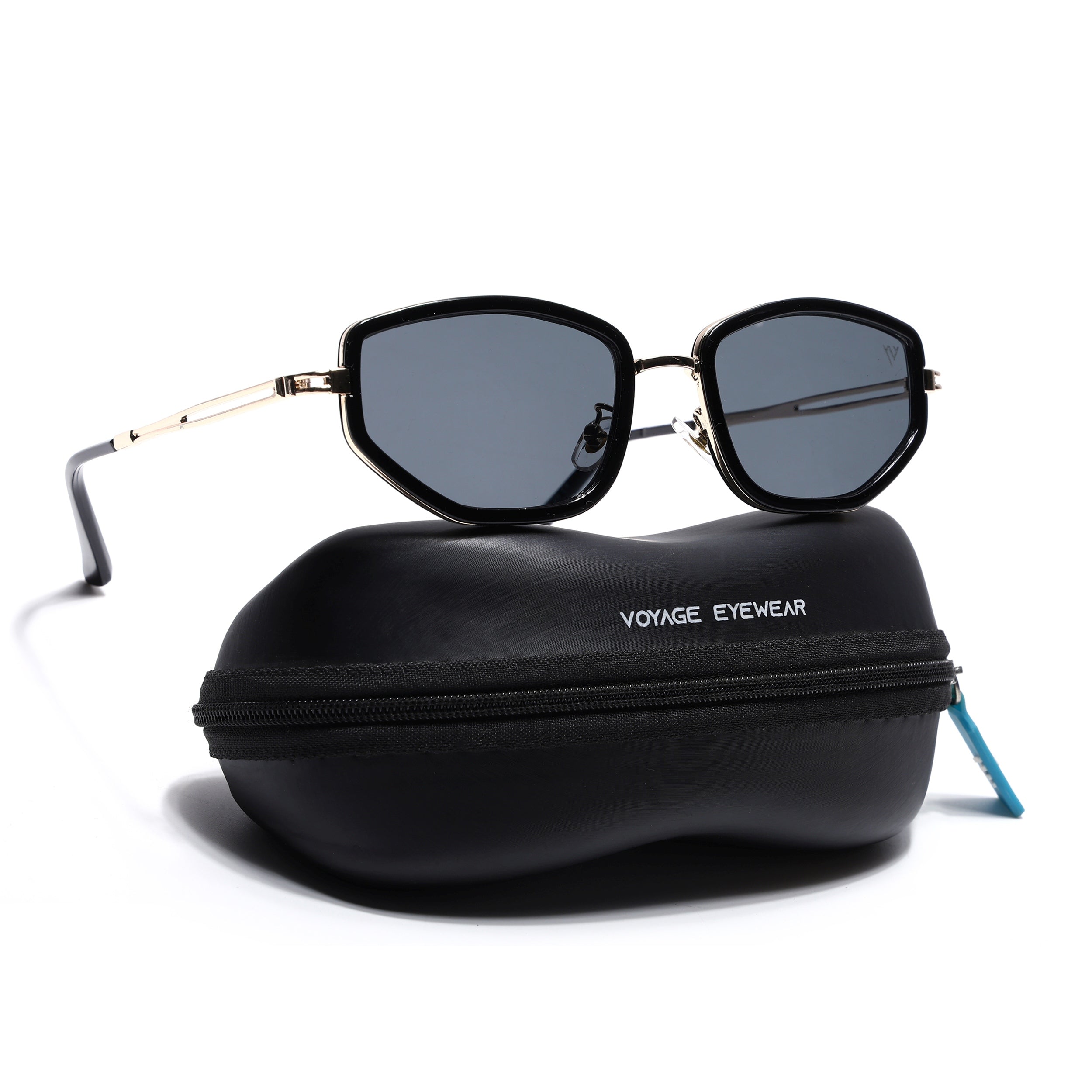Vynna | Black & Golden Hexagonal Sunglasses | Black Lens - MG7598