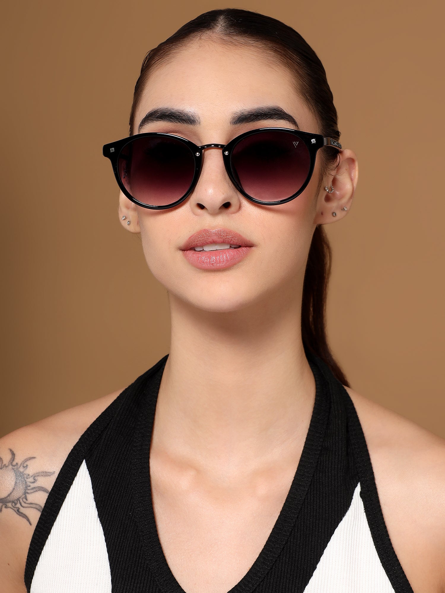 Round Sunglasses for Women (Purple & Clear Lens | Black Frame - MG7248)