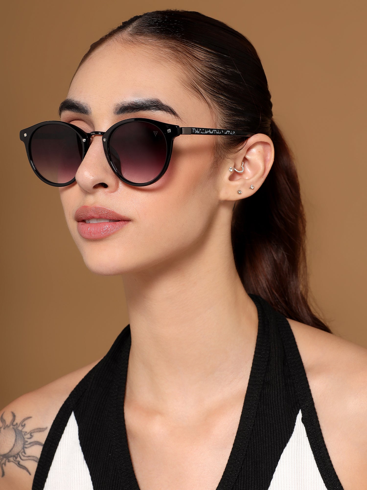 Round Sunglasses for Women (Purple & Clear Lens | Black Frame - MG7248)