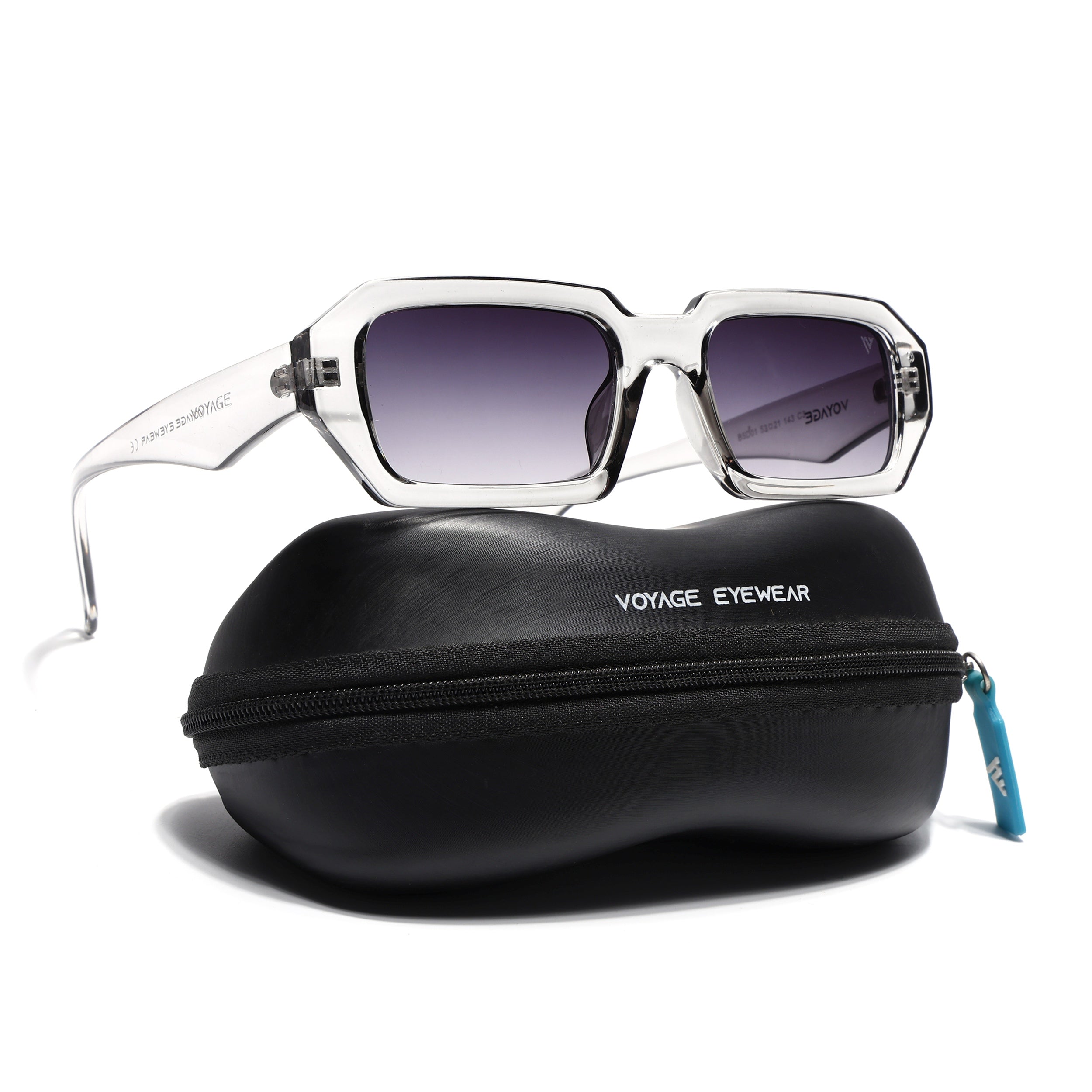 Rectangle Sunglasses for Men & Women (Black & Clear Lens | Transparent Grey Frame - MG7345)