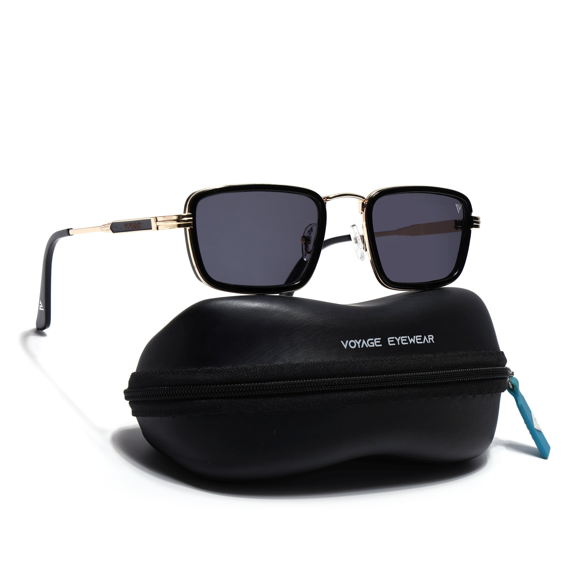 Rectangle Sunglasses for Men & Women (Black Lens | Golden & Black Frame - MG7580)