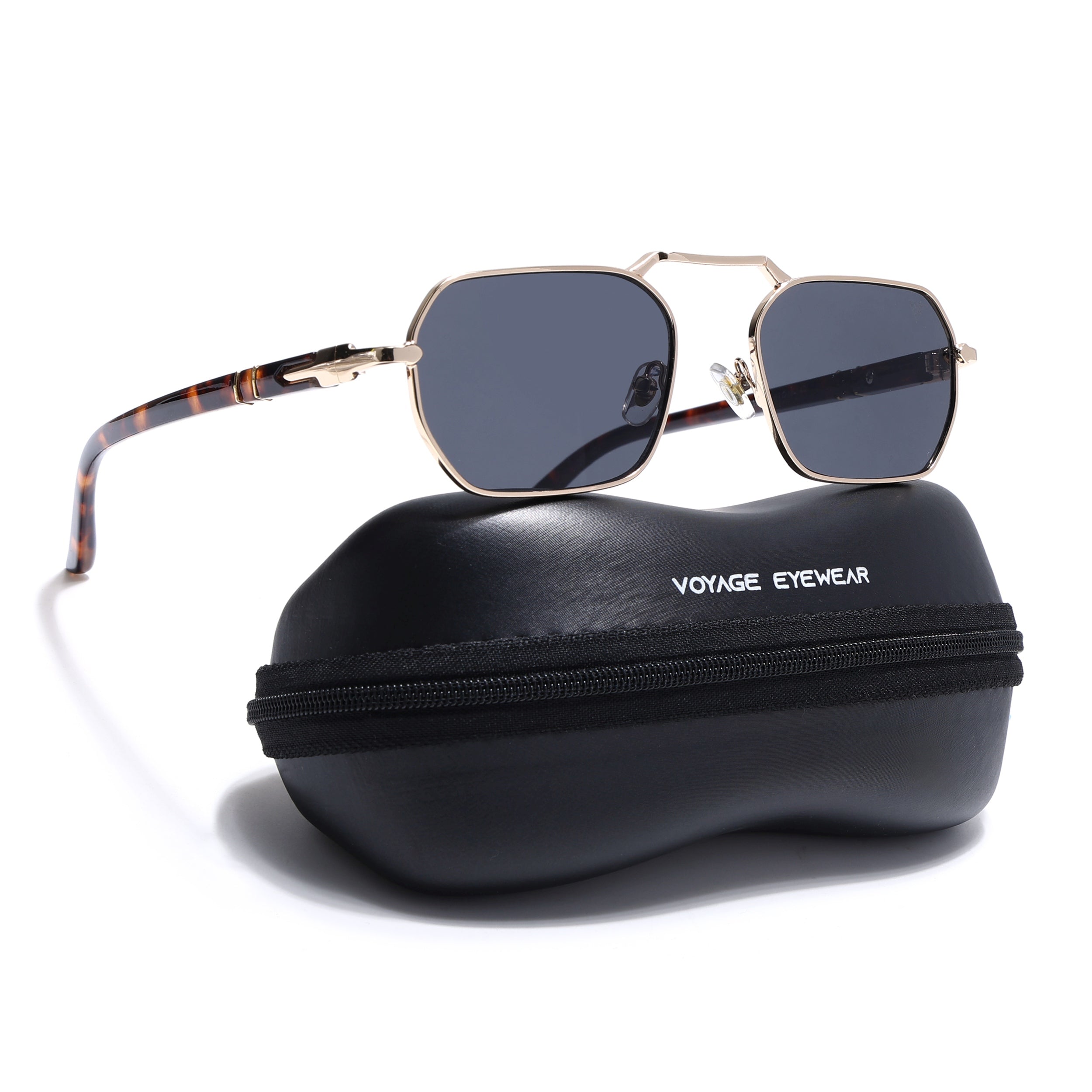 Hexagonal Sunglasses for Men & Women (Black Lens | Golden Frame - MG7659)