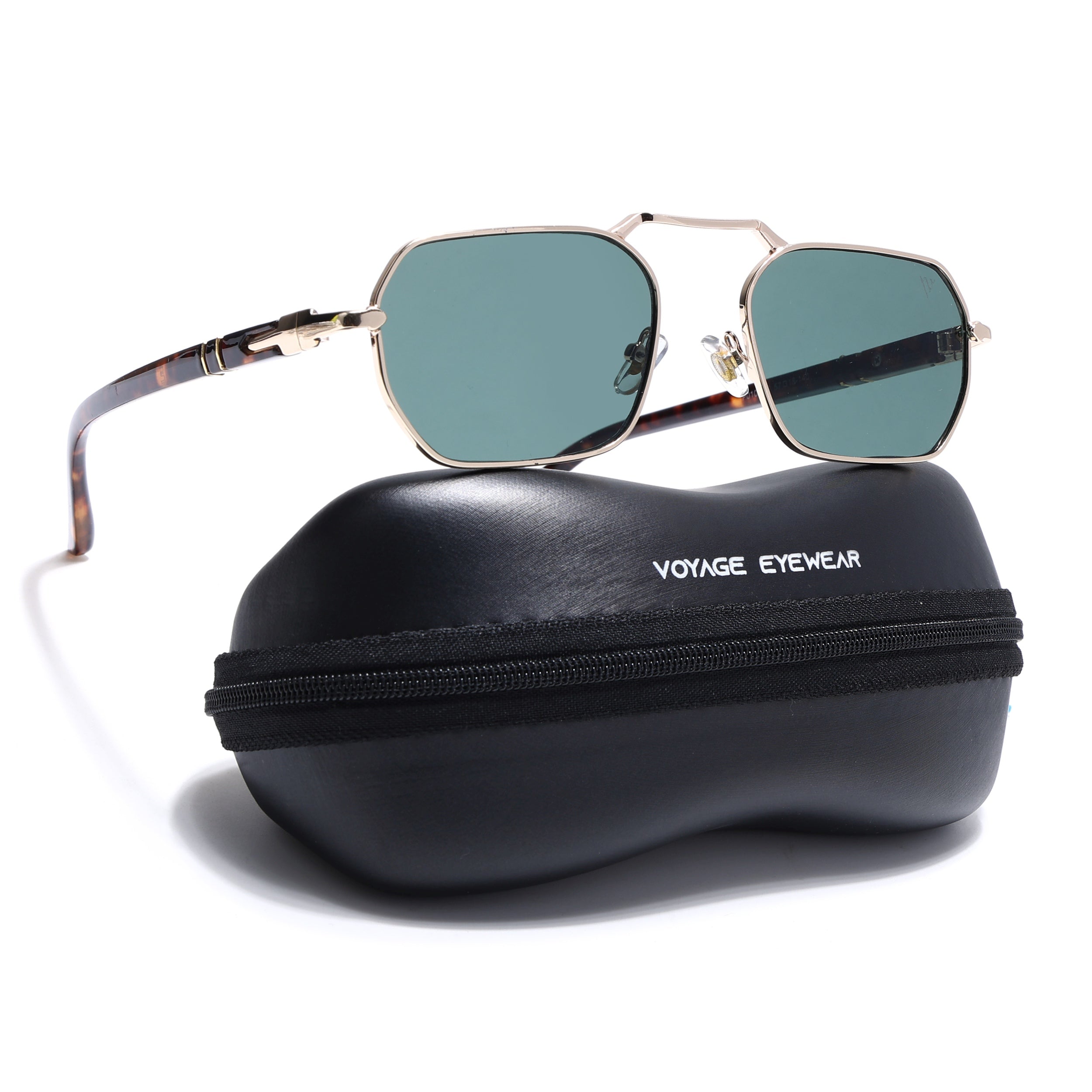 Hexagonal Sunglasses for Men & Women (Green Lens | Golden Frame - MG7661)