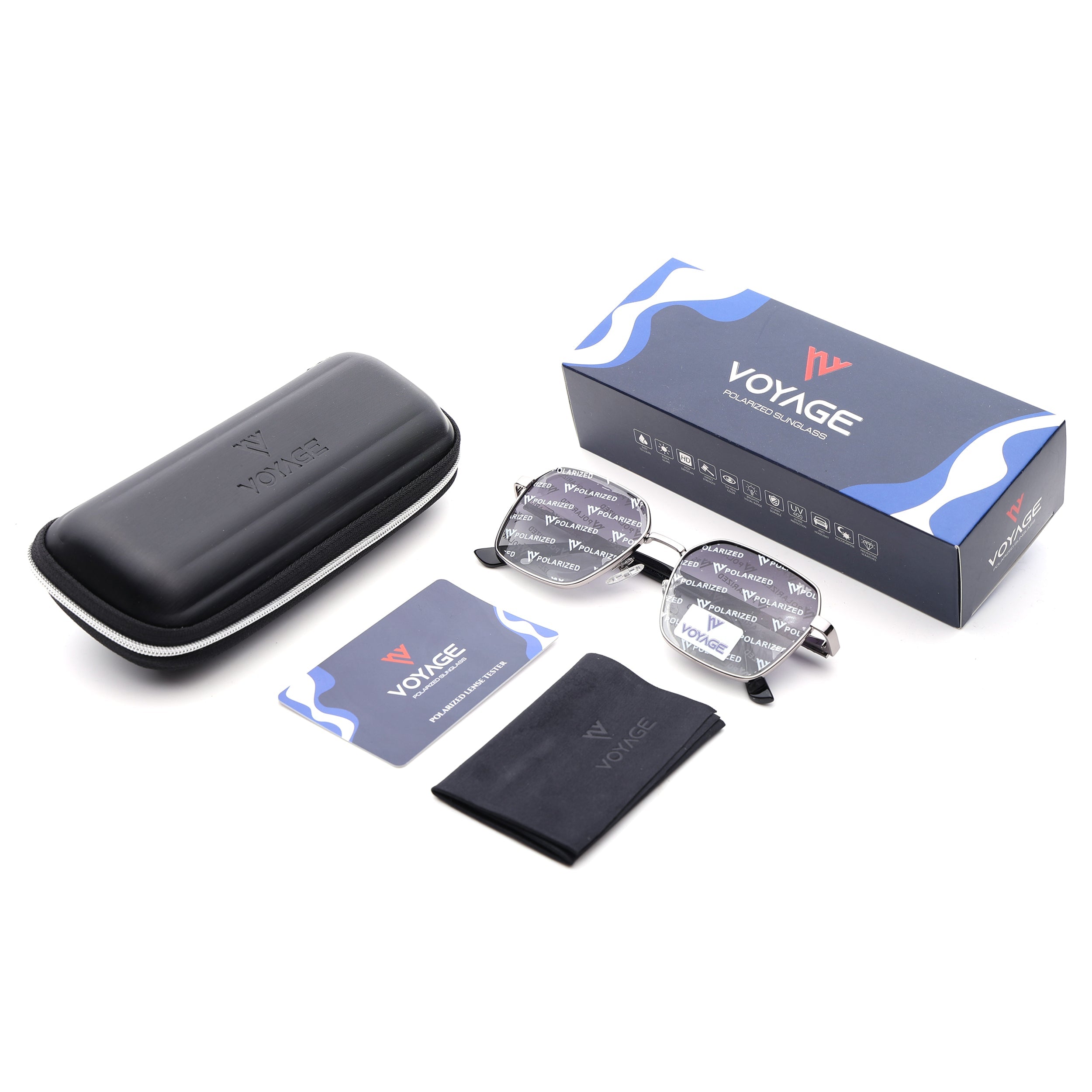 Square Polarized Sunglasses for Men & Women (Grey Lens | Silver Frame - VOYLB01-C2)