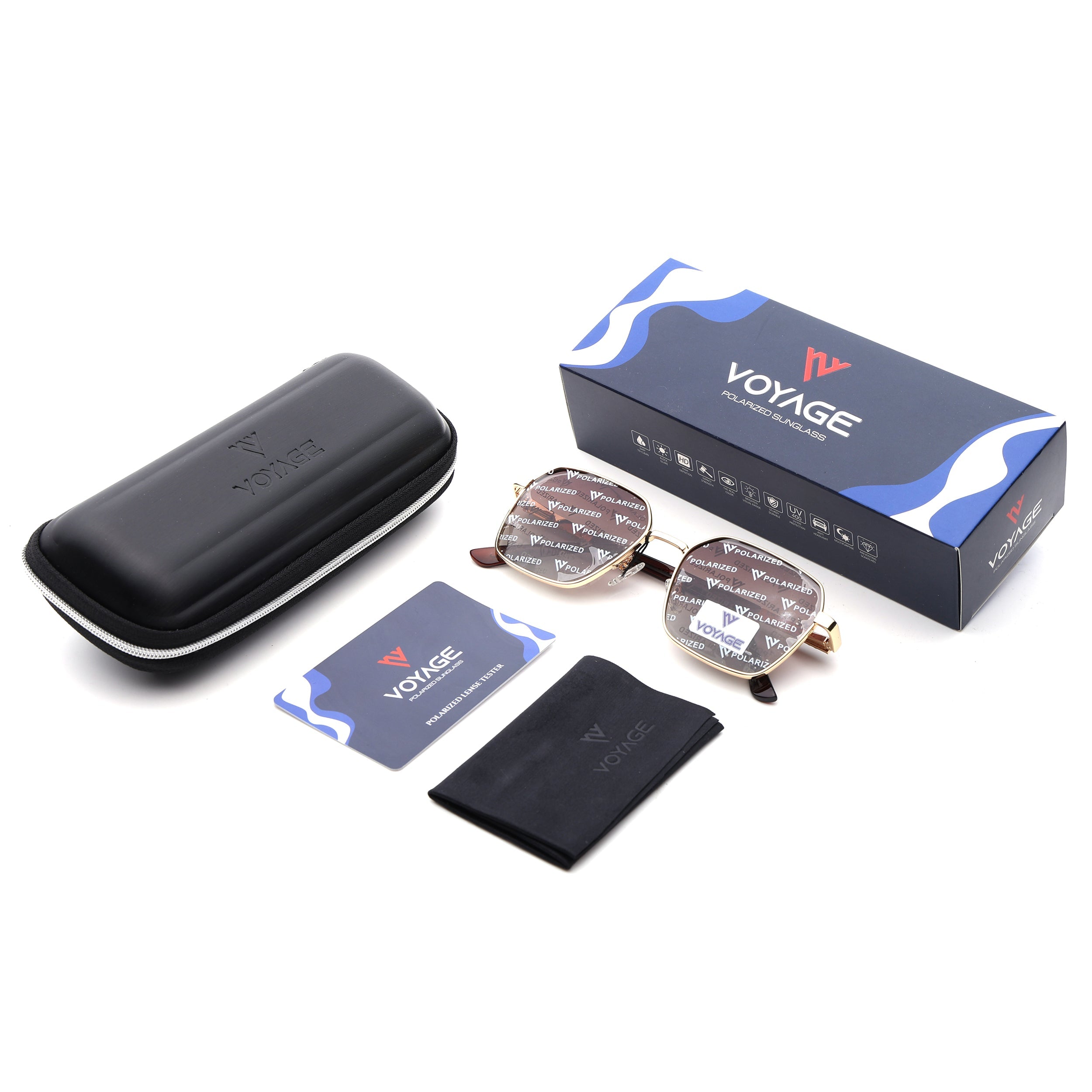 Square Polarized Sunglasses for Men & Women (Brown & Clear Lens | Golden Frame - VOYLB01-C3)