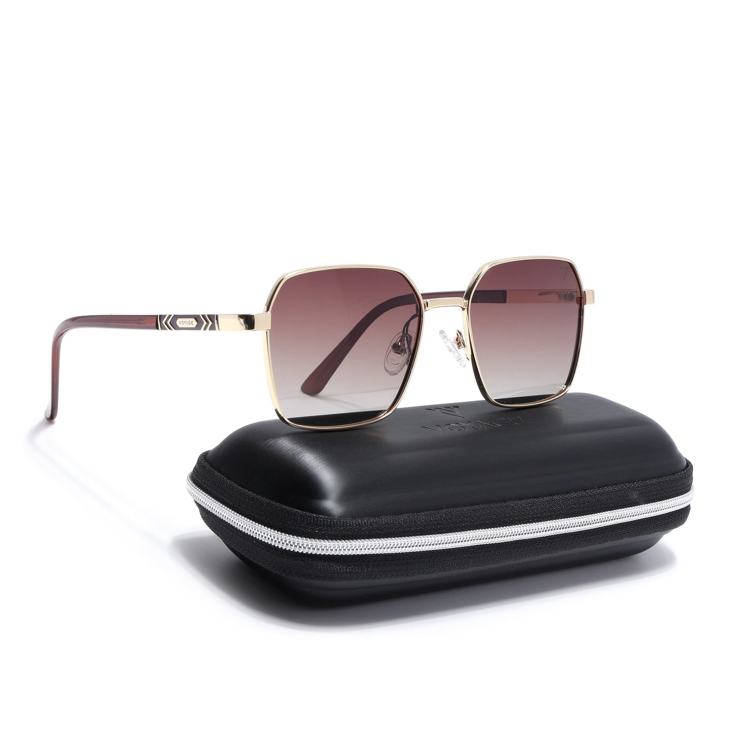 Square Polarized Sunglasses for Men & Women (Brown & Clear Lens | Golden Frame - VOYLB01-C3)