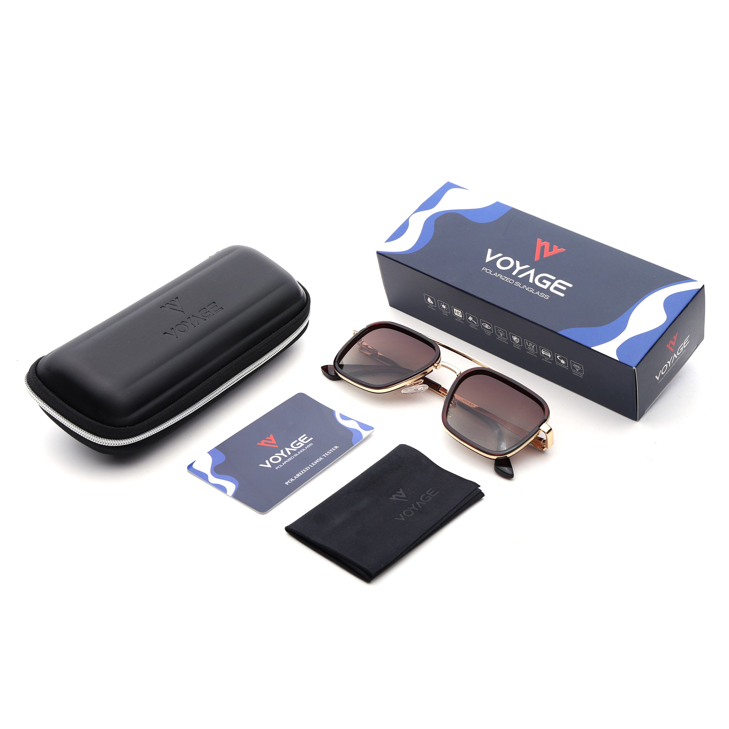 Square Polarized Sunglasses for Men & Women (Brown & Clear Lens | Golden Frame - VOYLB02-C3)