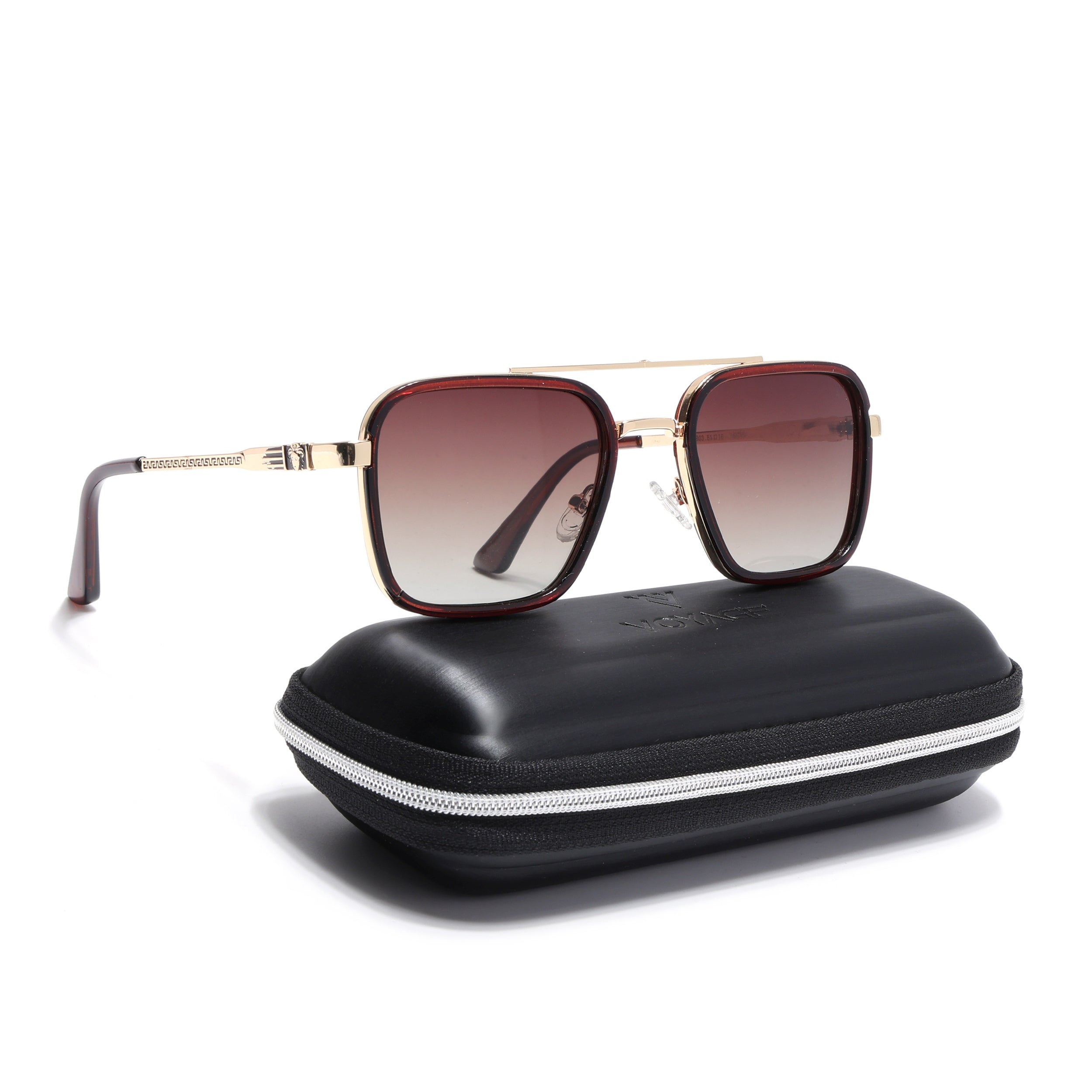 Square Polarized Sunglasses for Men & Women (Brown & Clear Lens | Golden Frame - VOYLB02-C3)