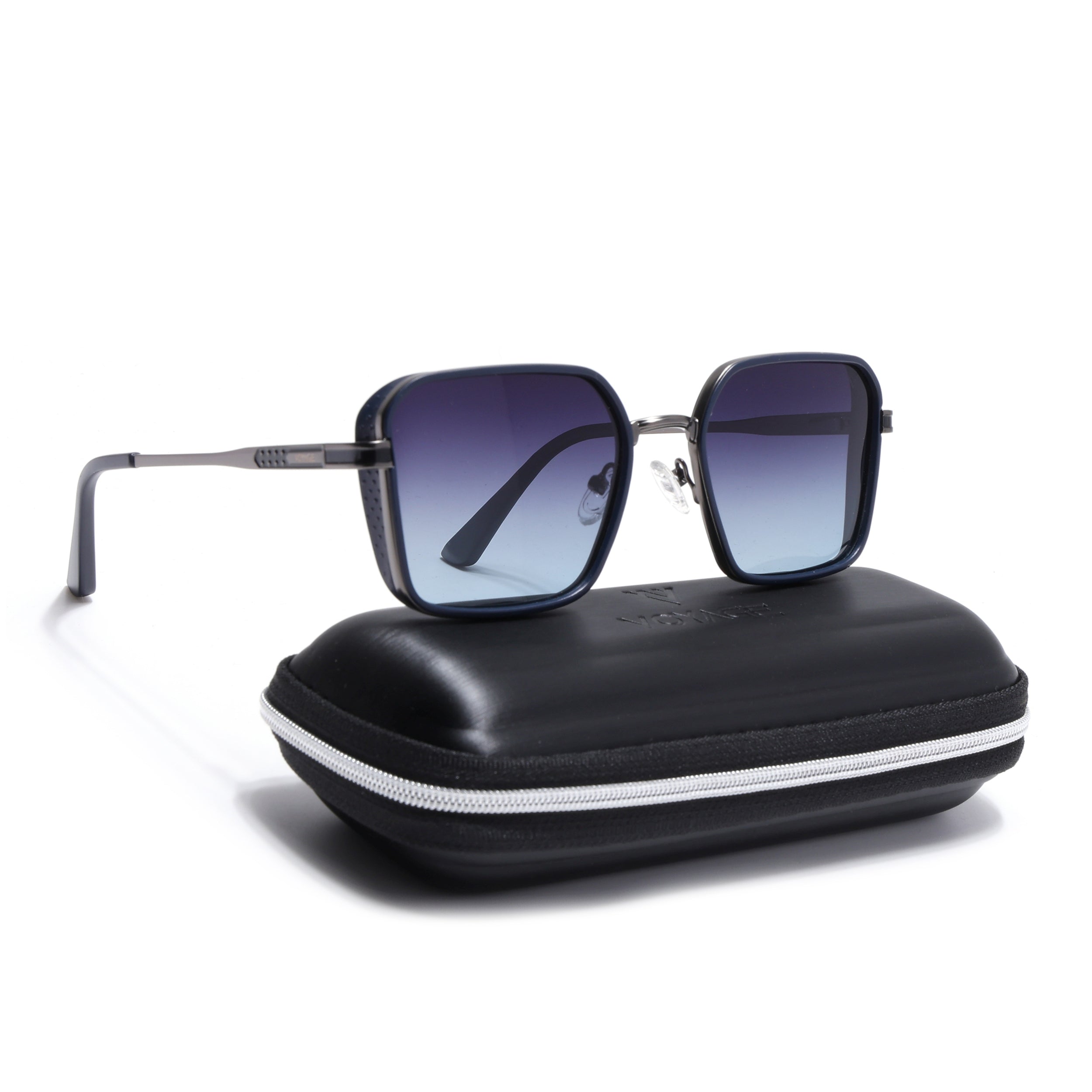 Square Polarized Sunglasses for Men & Women (Grey & Pink Lens | Silver & Black Frame - VOYLB02-C4)