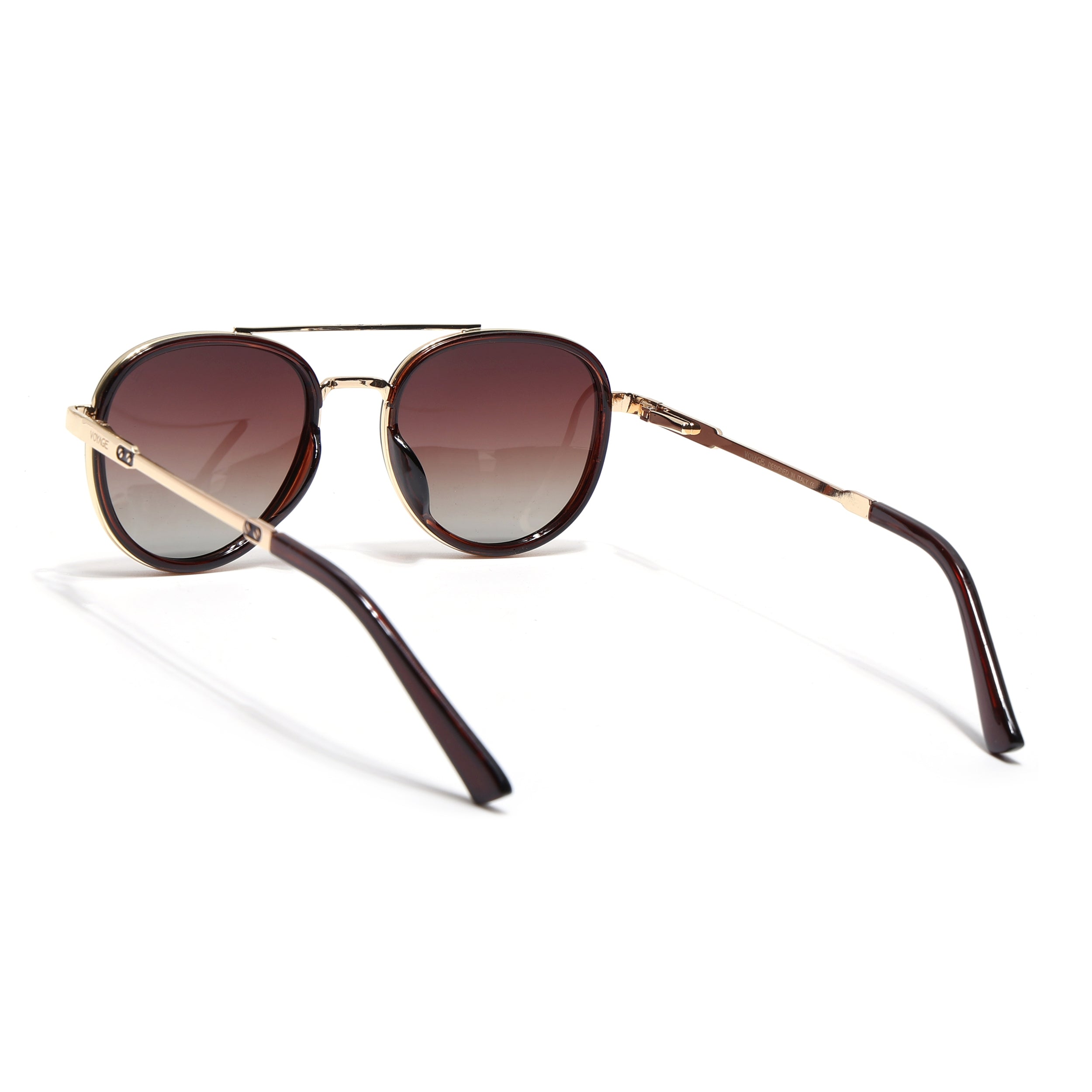 Round Polarized Sunglasses for Men & Women (Brown & Clear Lens | Golden & Brown Frame - VOYLB04-C3)