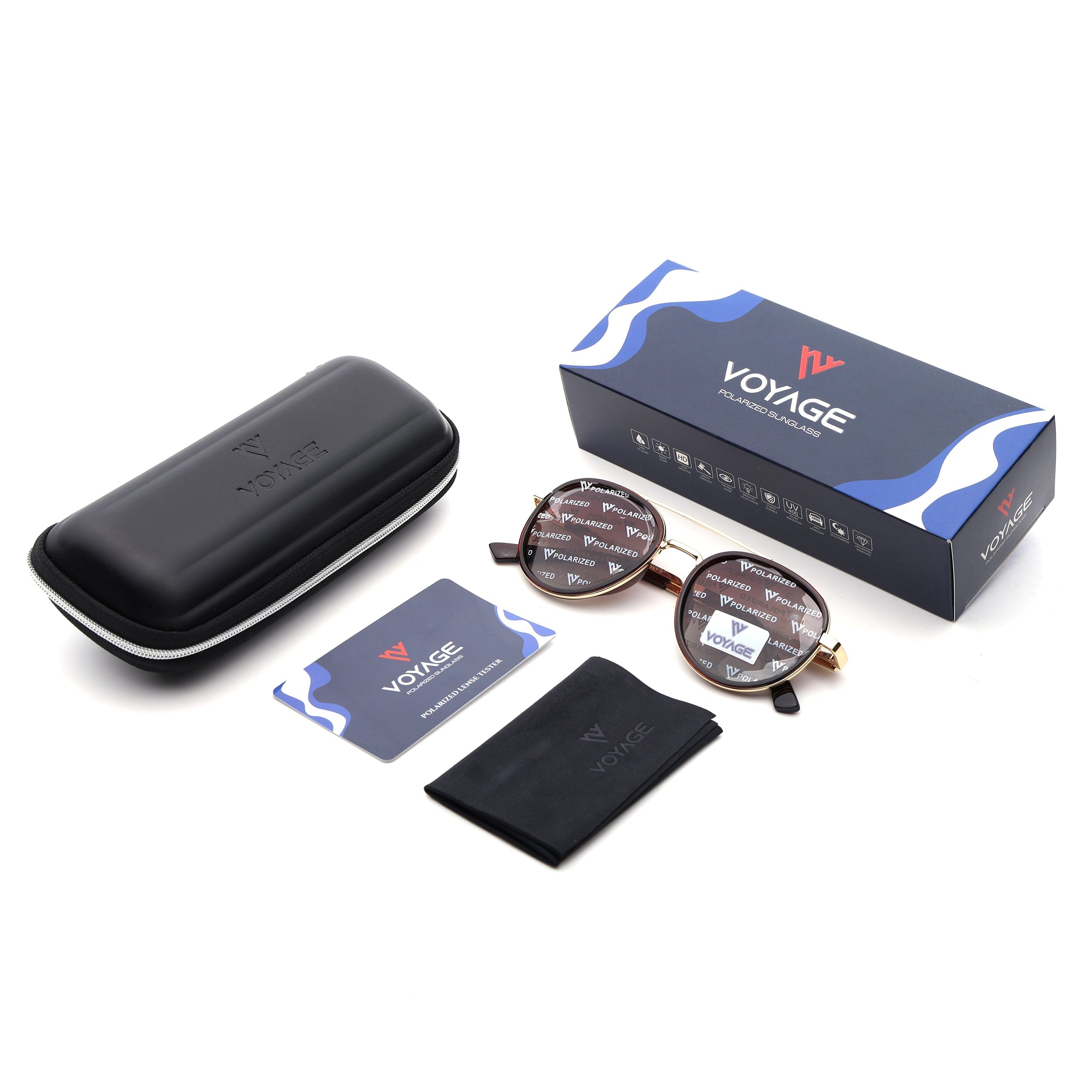 Round Polarized Sunglasses for Men & Women (Brown & Clear Lens | Golden & Brown Frame - VOYLB04-C3)