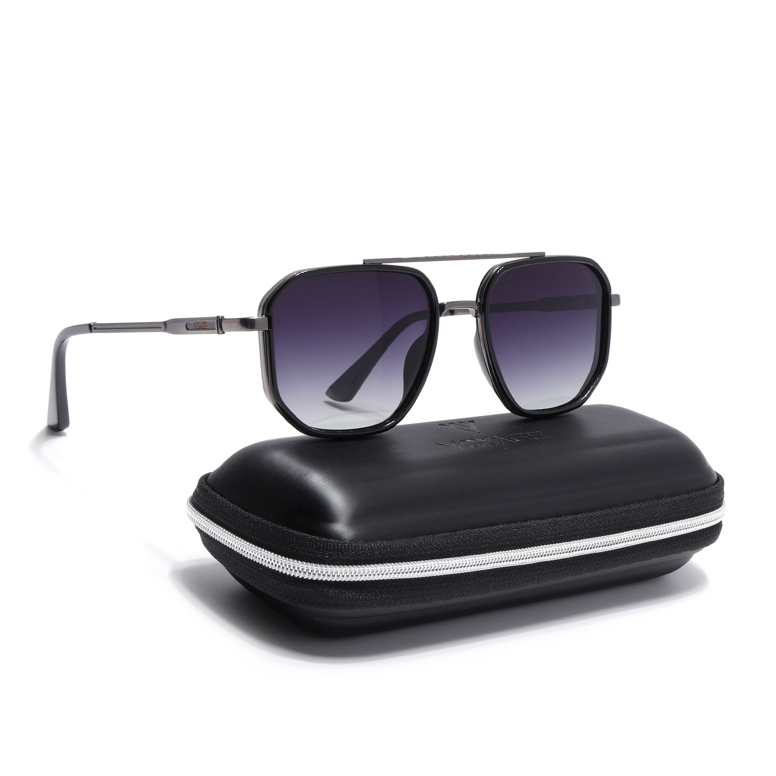 Hexagonal Polarized Sunglasses for Men & Women (Grey & Clear Lens | Grey & Black Frame - VOYLB05-C2)