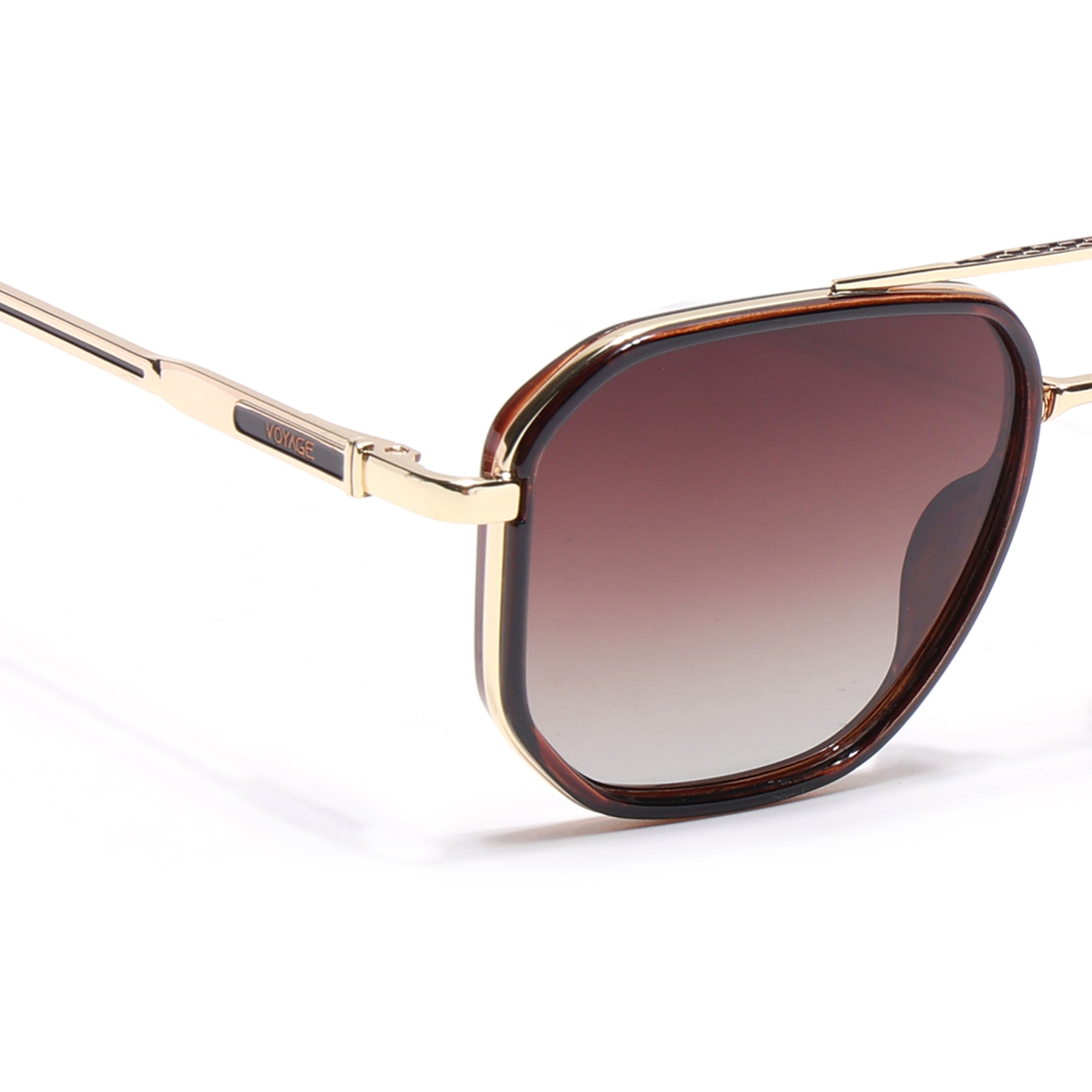 Hexagonal Polarized Sunglasses for Men & Women (Brown & Clear Lens | Golden & Brown Frame - VOYLB05-C3)