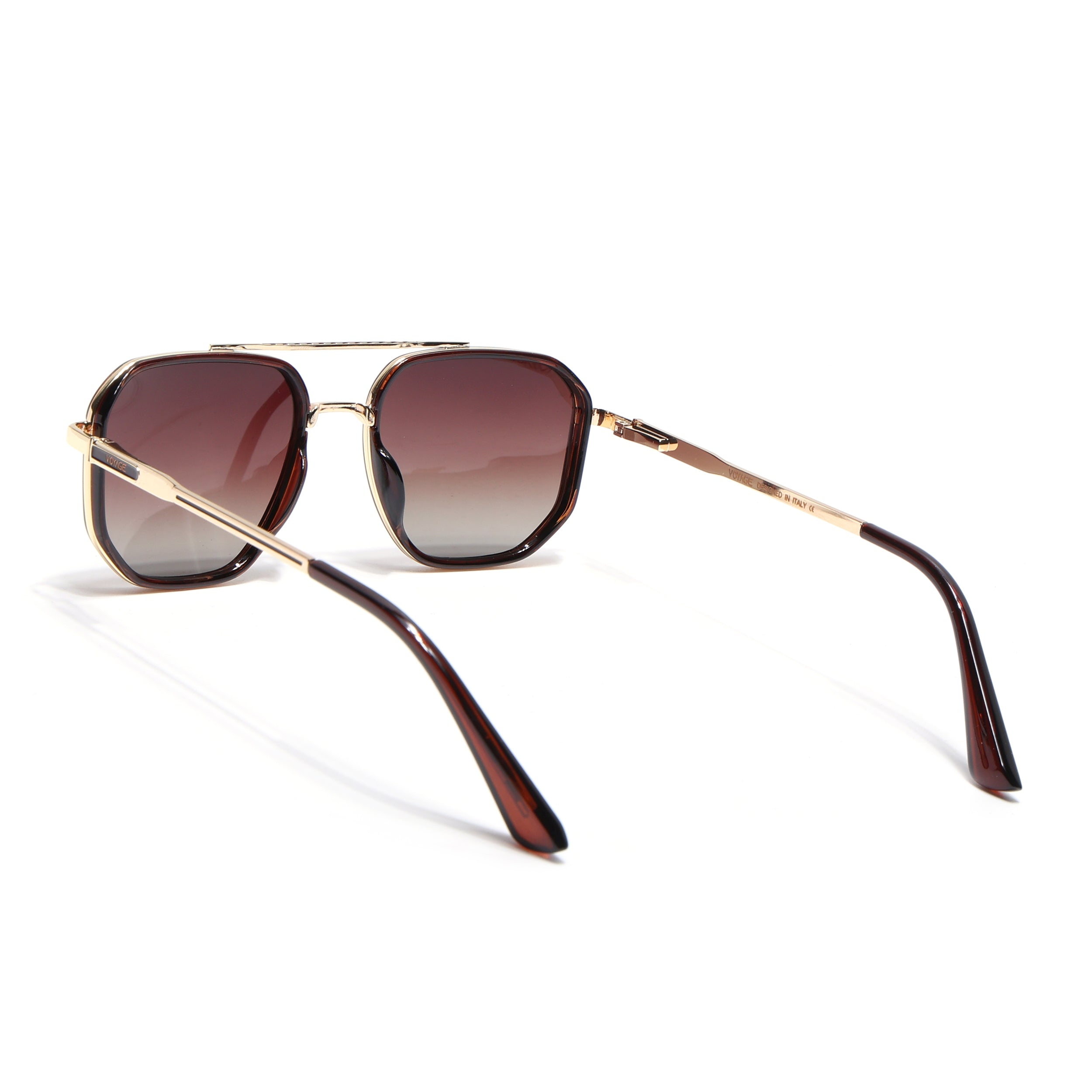 Hexagonal Polarized Sunglasses for Men & Women (Brown & Clear Lens | Golden & Brown Frame - VOYLB05-C3)